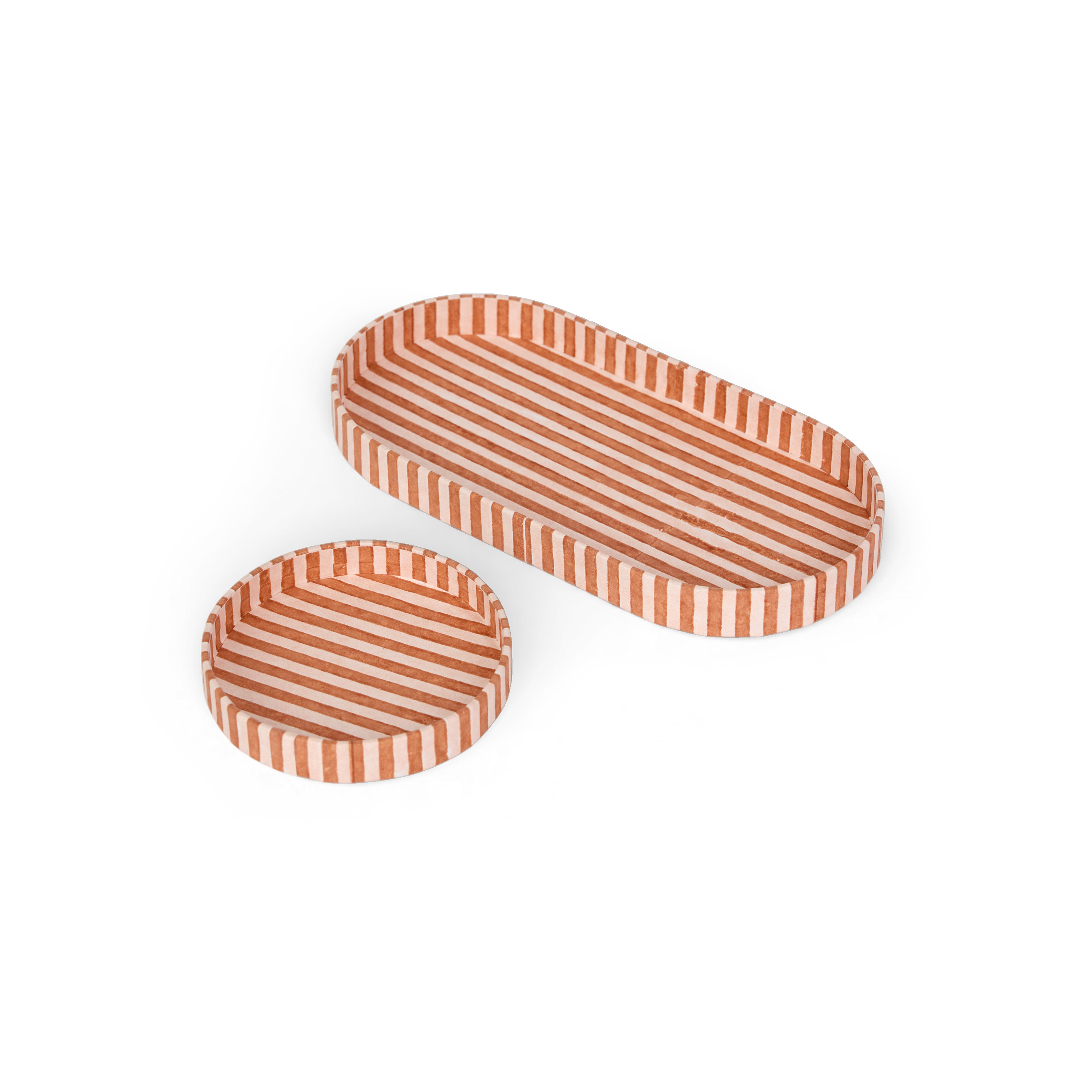 Terracotta Stripe – Hand Block Printed Tray Set (Set of 2) (Large: 4.5" x 9" x 1") (Small: 4" x 4" x 0.6")