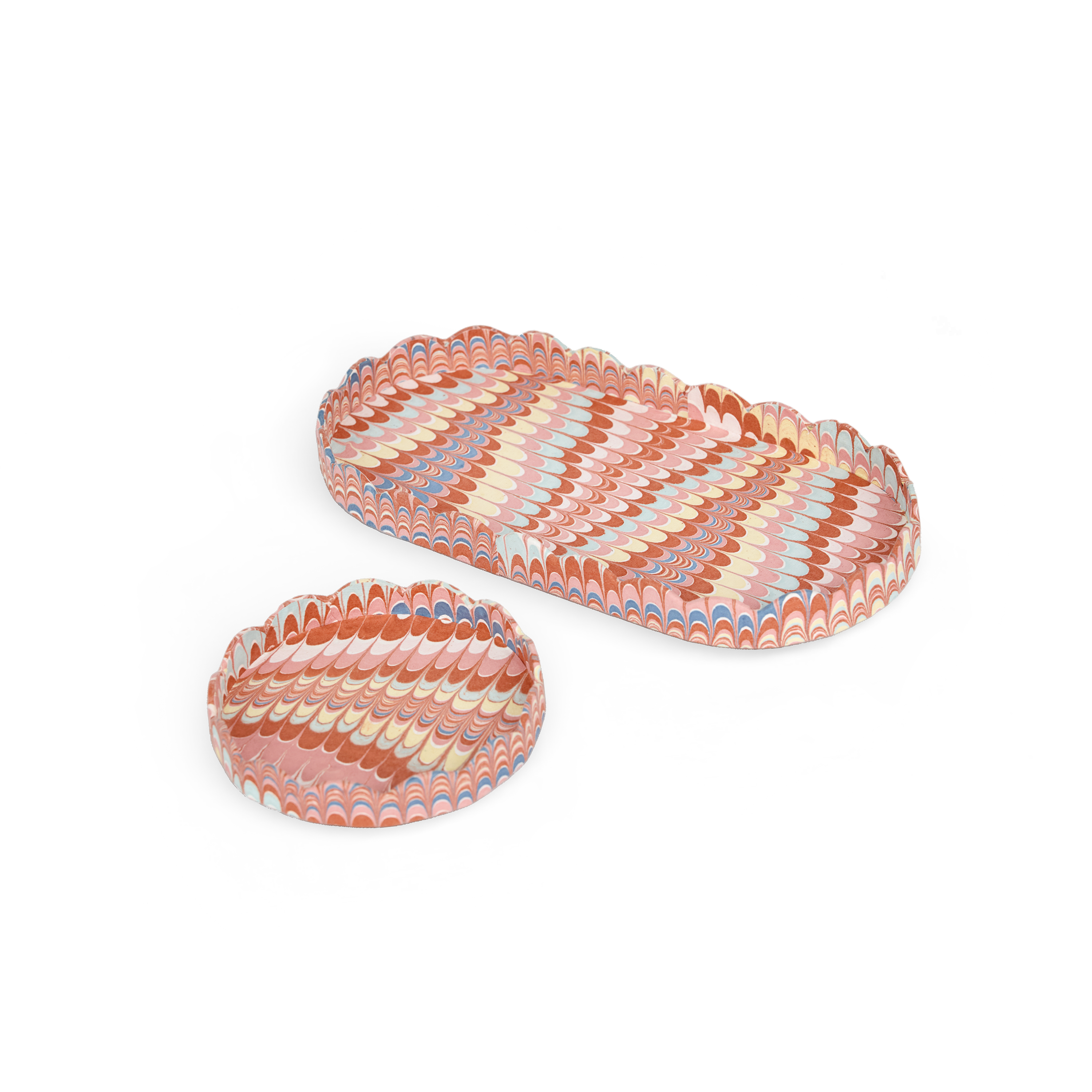 Sunset Wave – Hand Marbled Scalloped Tray Set (Set of 2) (Large: 4.5" x 9" x 1") (Small: 4" x 4" x 0.6")