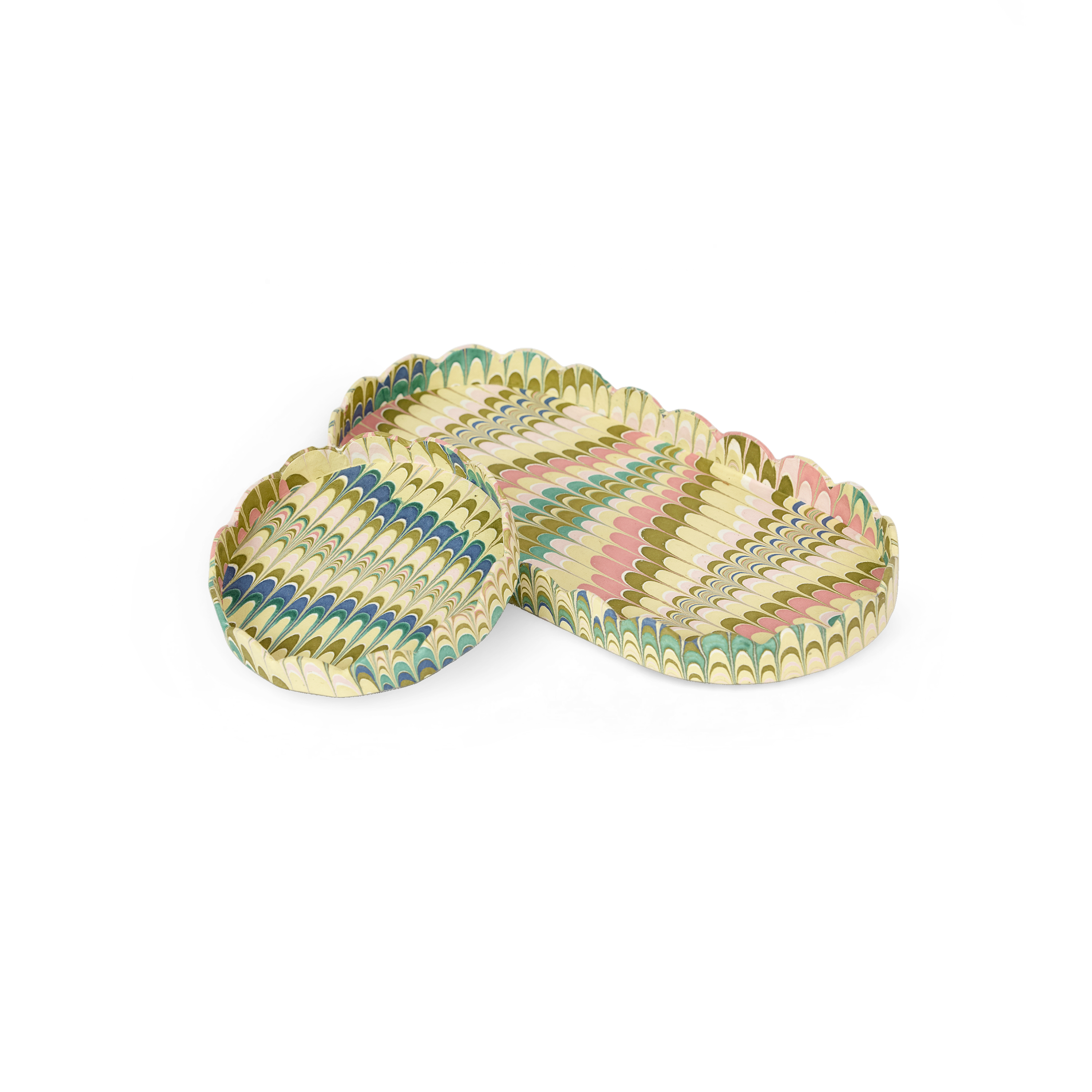 Meadow Wave – Hand Marbled Scalloped Tray Set (Set of 2) (Large: 4.5" x 9" x 1") (Small: 4" x 4" x 0.6")