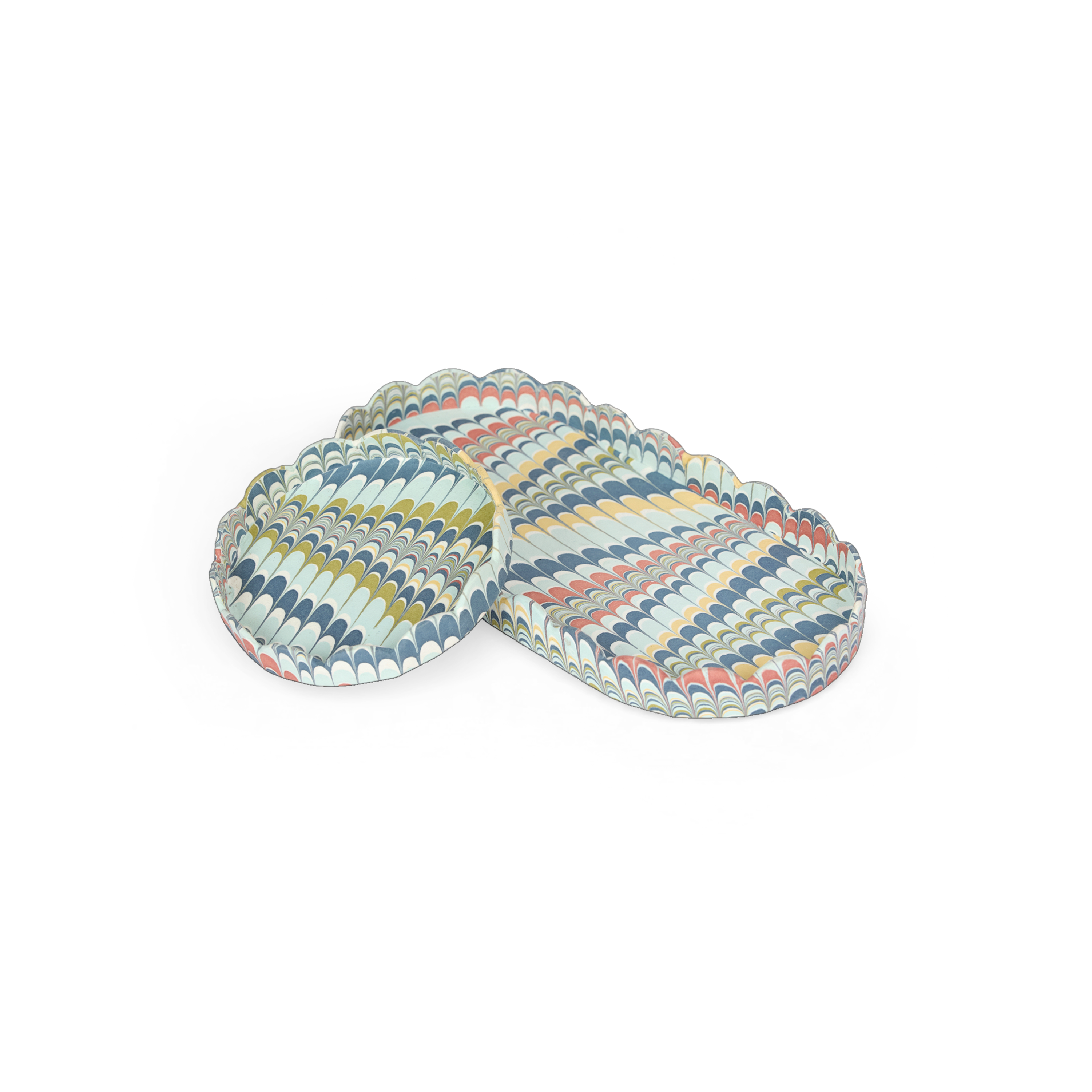 Ocean Wave – Hand Marbled Scalloped Tray Set (Set of 2) (Large: 4.5" x 9" x 1") (Small: 4" X 4" X 0.6")