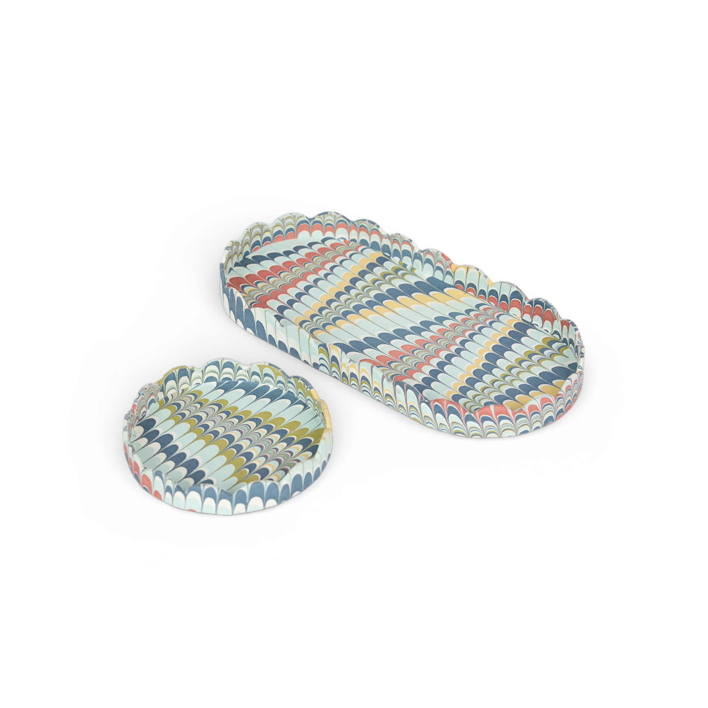 Ocean Wave – Hand Marbled Scalloped Tray Set (Set of 2) (Large: 4.5" x 9" x 1") (Small: 4" X 4" X 0.6")