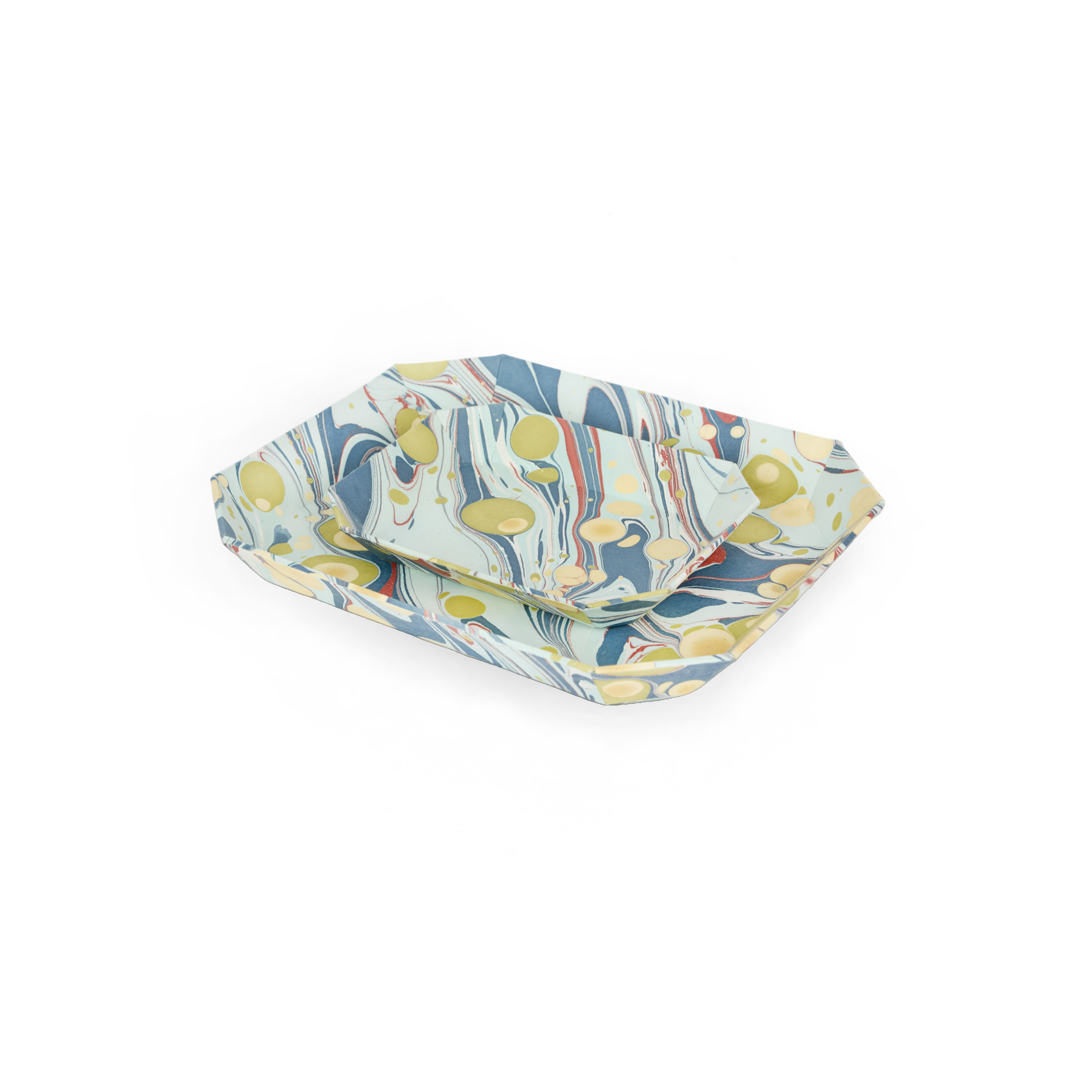 Ocean Stone – Hand Marbled Octagon Tray Set (Set of 2) (Large: 9" x 11" x 1.5") (Small - 5.75" X 7" X 1")
