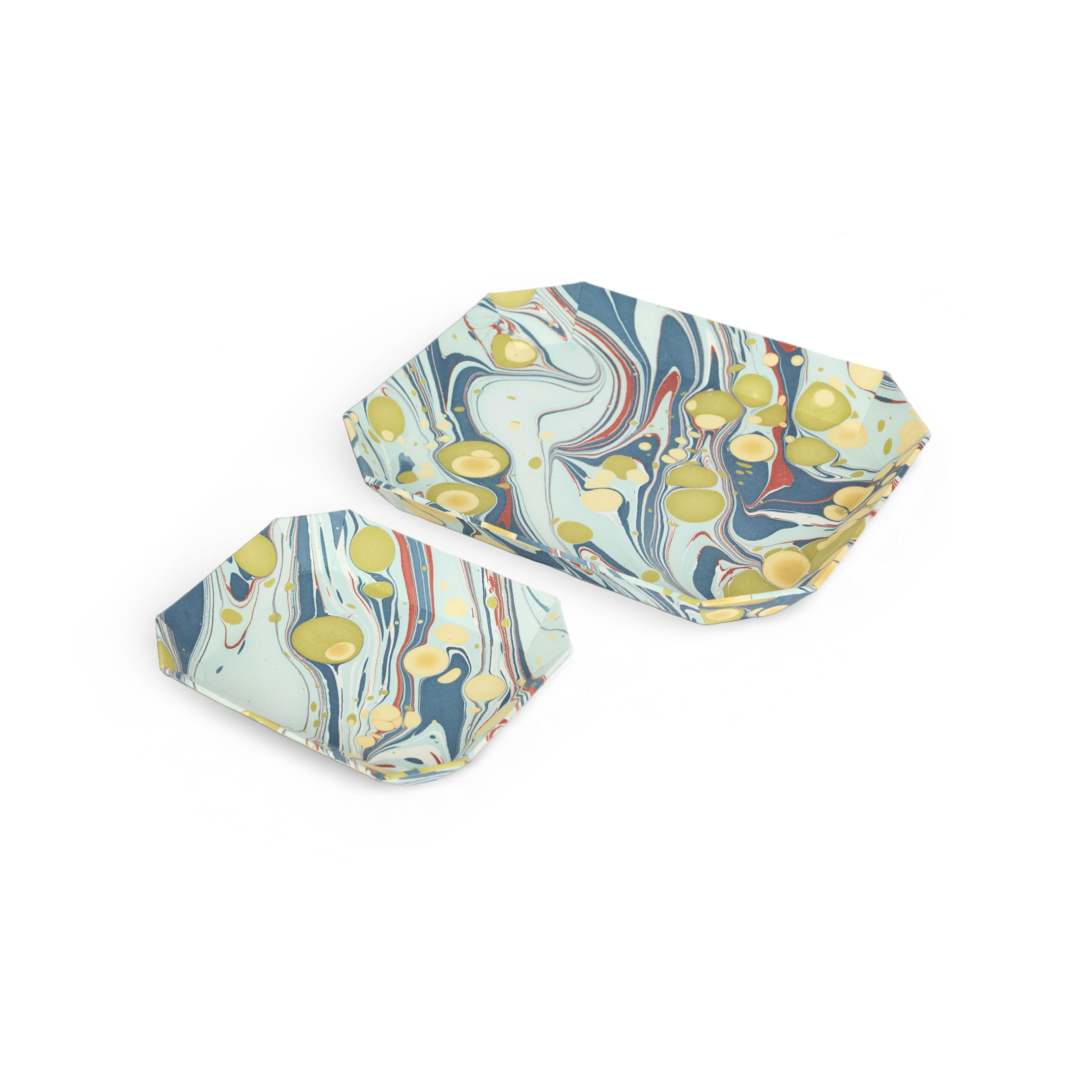 Ocean Stone – Hand Marbled Octagon Tray Set (Set of 2) (Large: 9" x 11" x 1.5") (Small - 5.75" X 7" X 1")