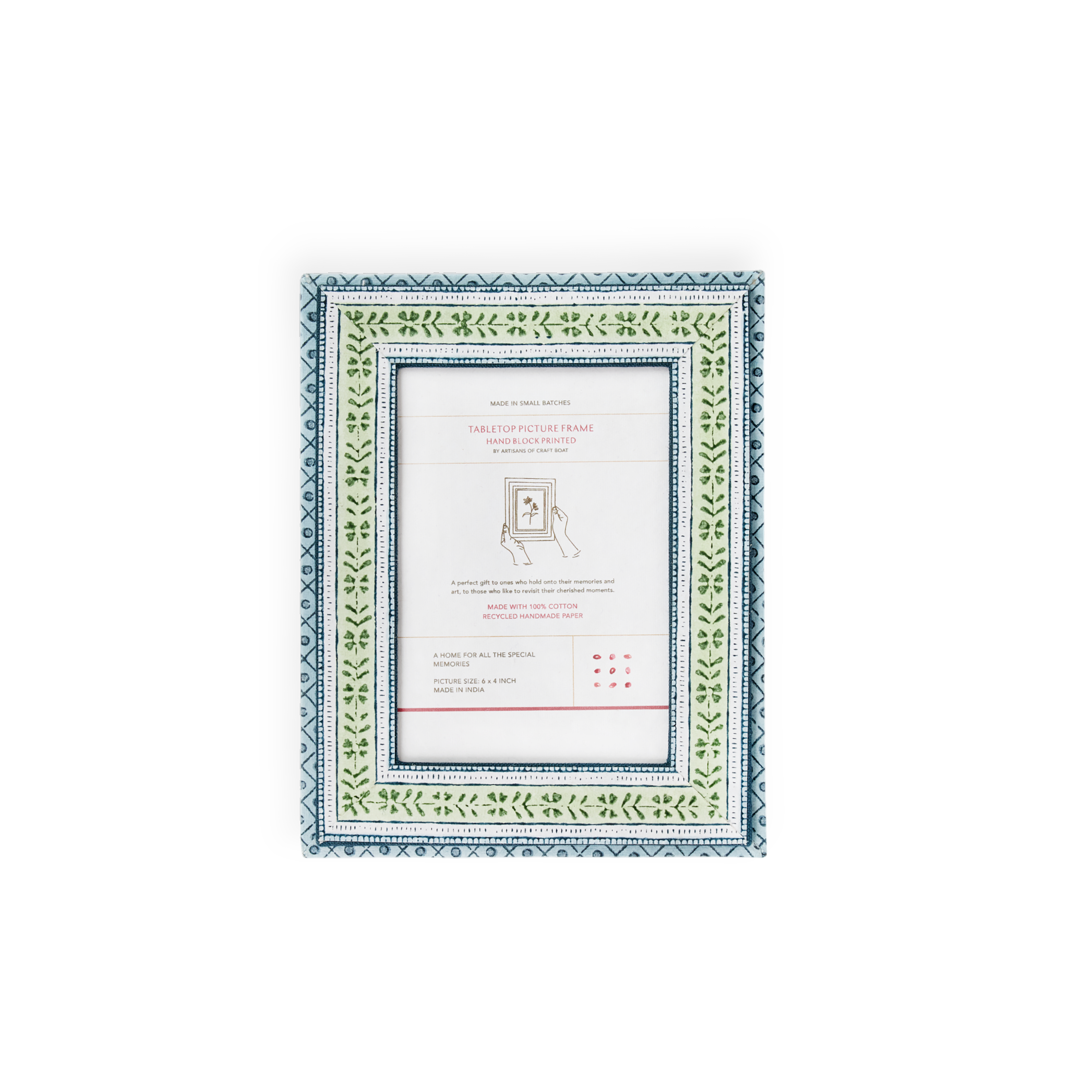 Leaf Trail – Hand Block Printed Tabletop Picture Frame (7.25" x 5.75", fits 6" x 4" photo)