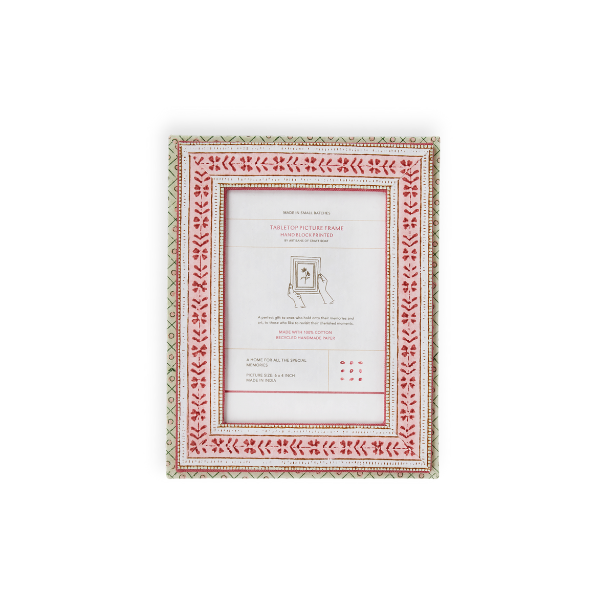 Rose Rhea – Hand Block Printed Tabletop Picture Frame (7.25" x 5.75", fits 6" x 4" photo)