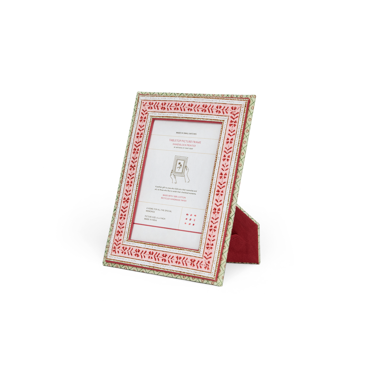 Rose Rhea – Hand Block Printed Tabletop Picture Frame (7.25" x 5.75", fits 6" x 4" photo)