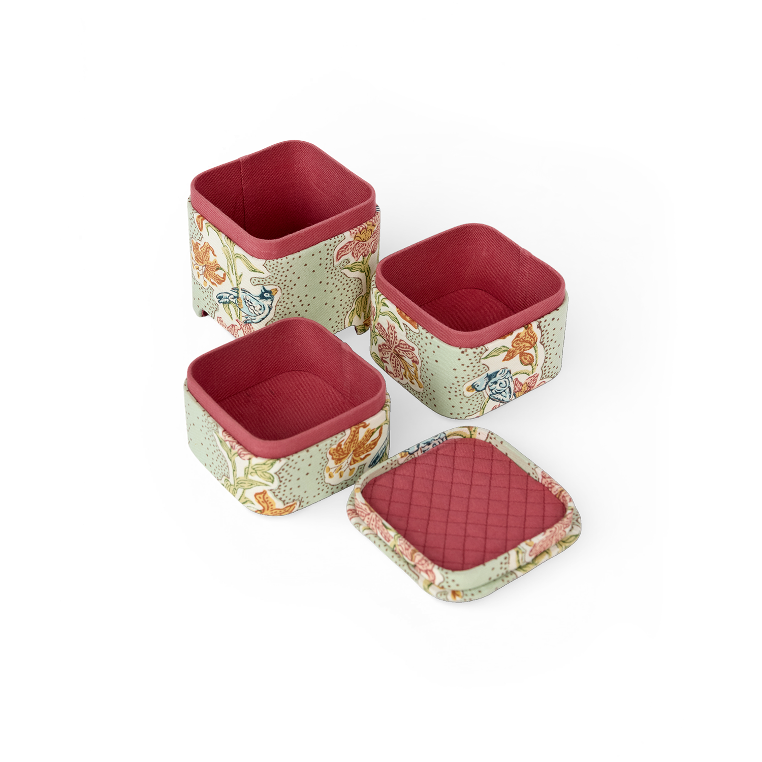 Parrot Garden – Hand Block Printed Jewellery Organizer Set (4" × 4" × 8" | Set of 3)