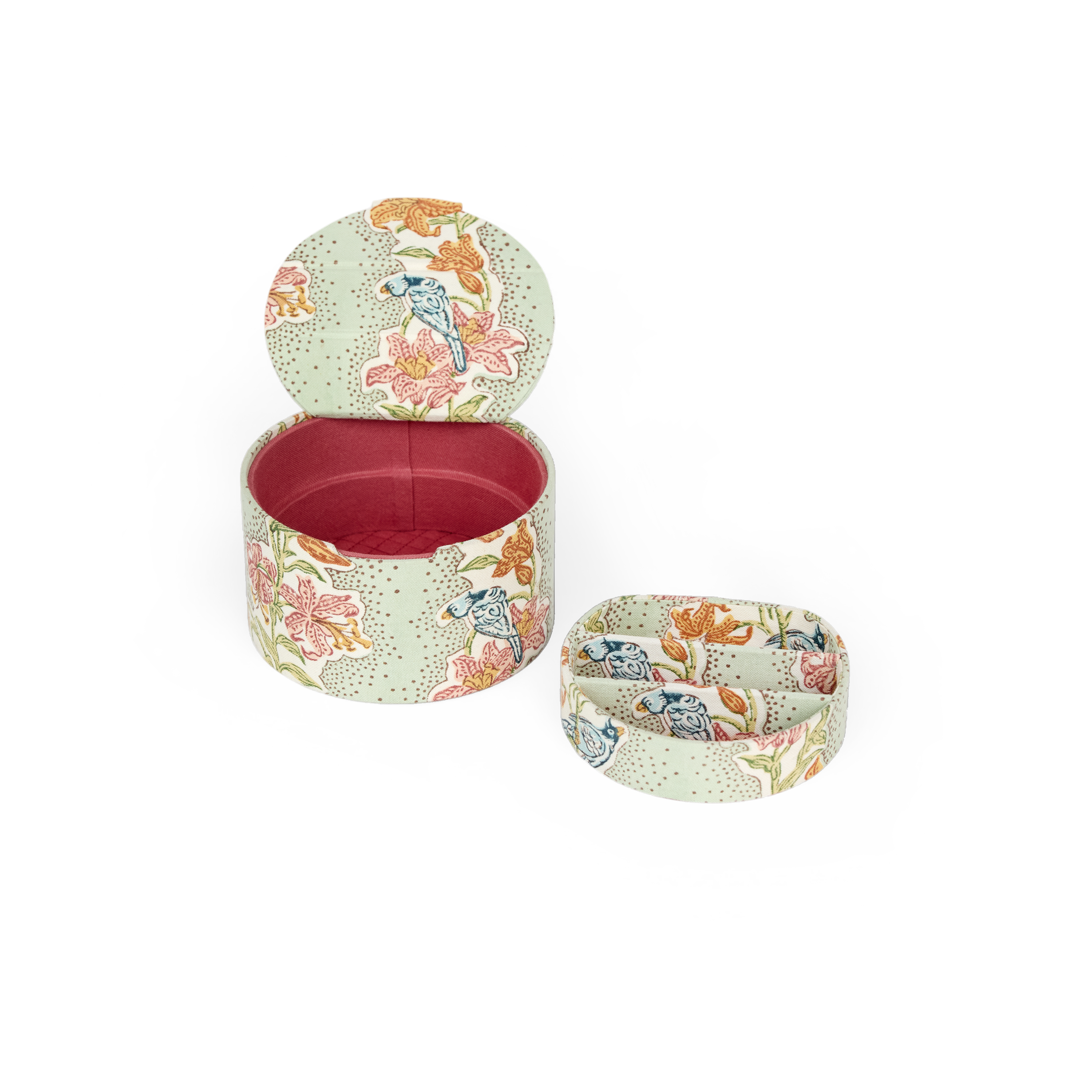 Parrot Garden – Block Printed Keepsake jewellery box (5.25" x 5.25" x 3")