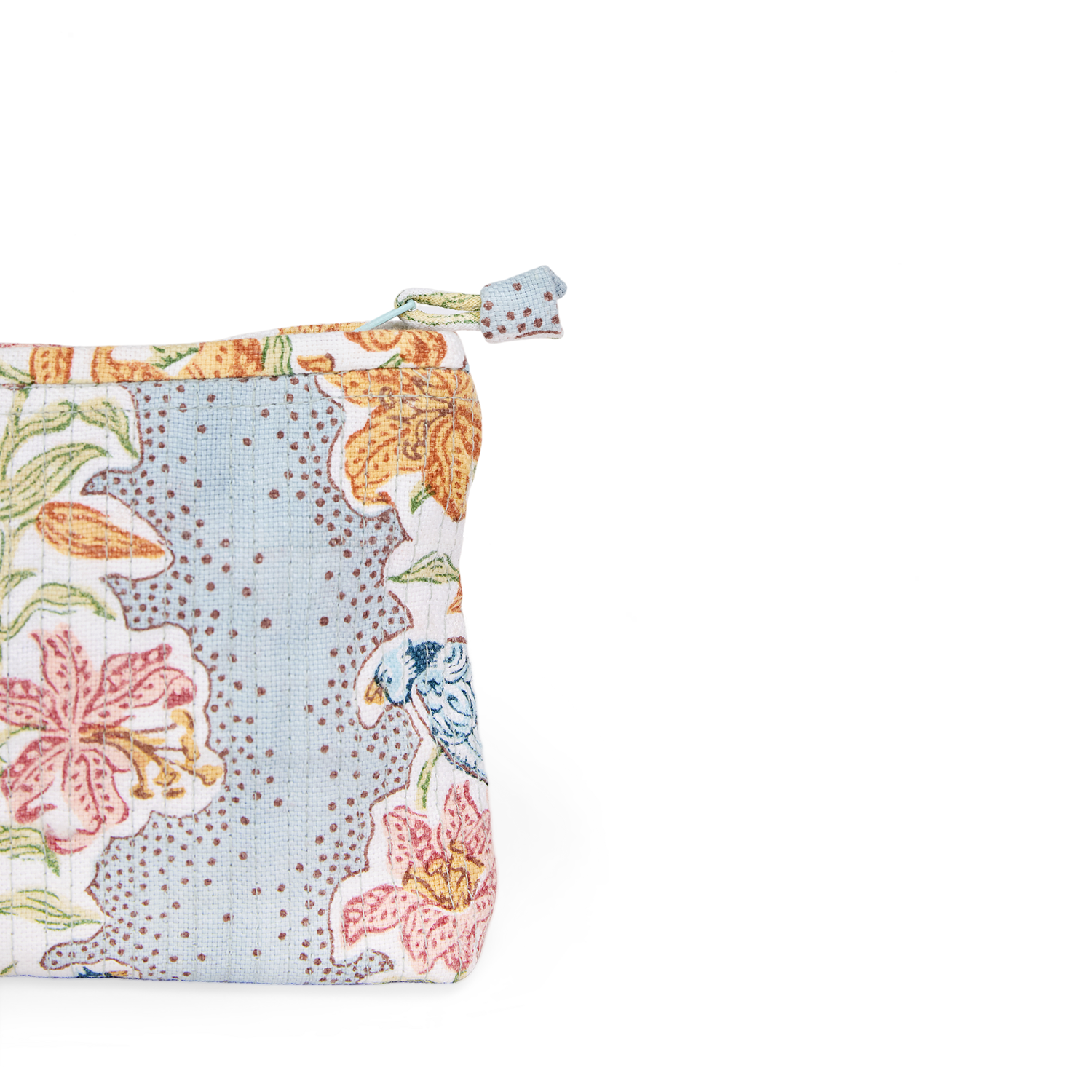 Sky Garden – Hand Block Printed Quilted Cotton Pouch (Small – 7.5" × 4.5" × 2")
