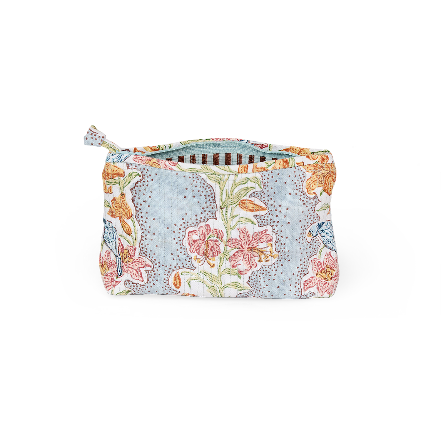 Sky Garden – Hand Block Printed Quilted Cotton Pouch (Small – 7.5" × 4.5" × 2")