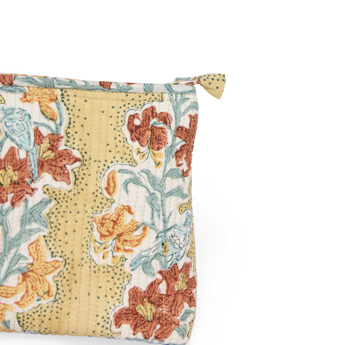 Amber Garden – Hand Block Printed Quilted Cotton Pouch Large – 9.5" × 6.5" × 3"