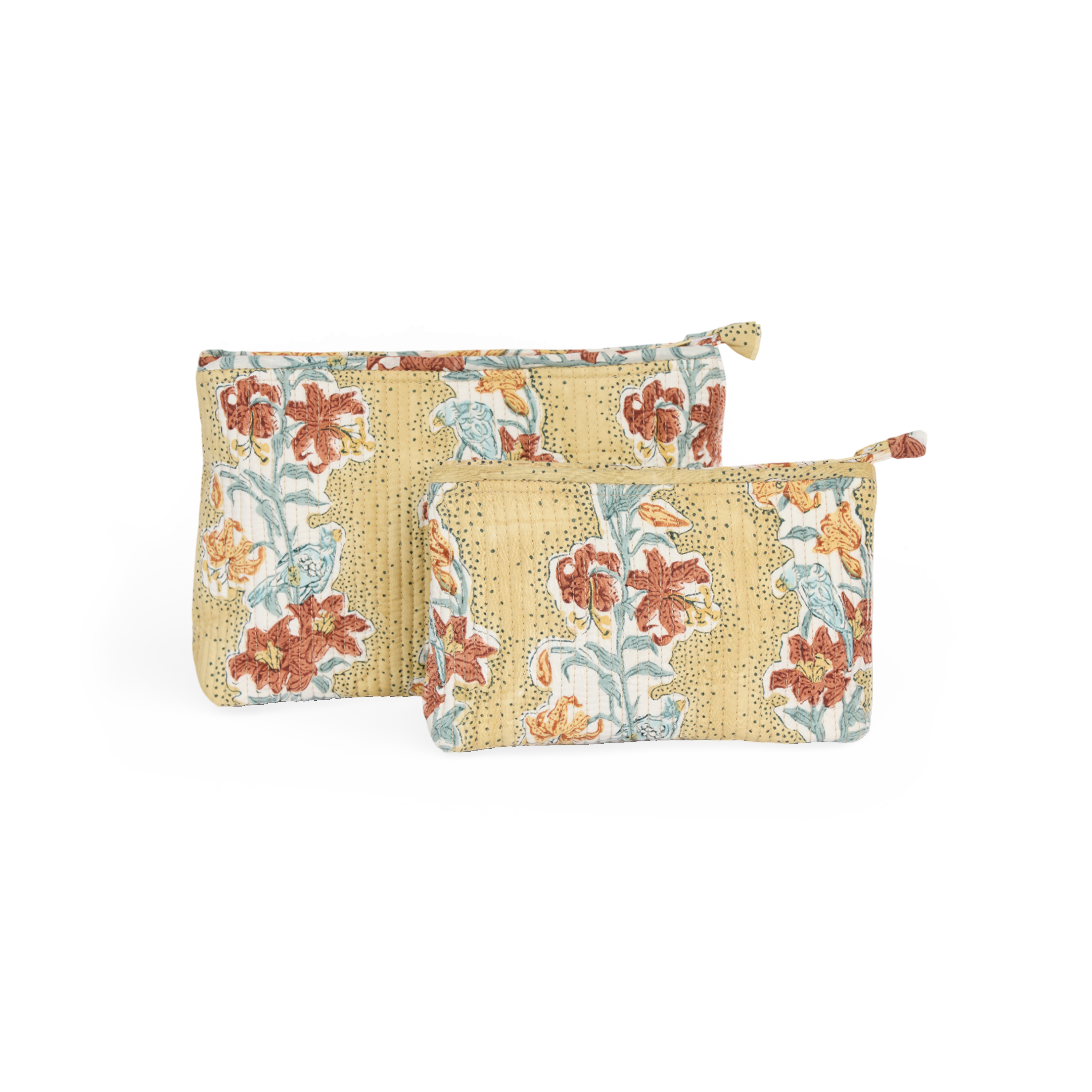 Amber Garden – Hand Block Printed Quilted Cotton Pouch (Small – 7.5" × 4.5" × 2")
