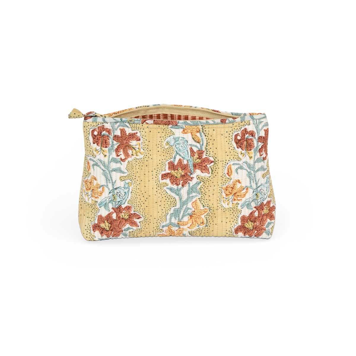 Amber Garden – Hand Block Printed Quilted Cotton Pouch Large – 9.5" × 6.5" × 3"