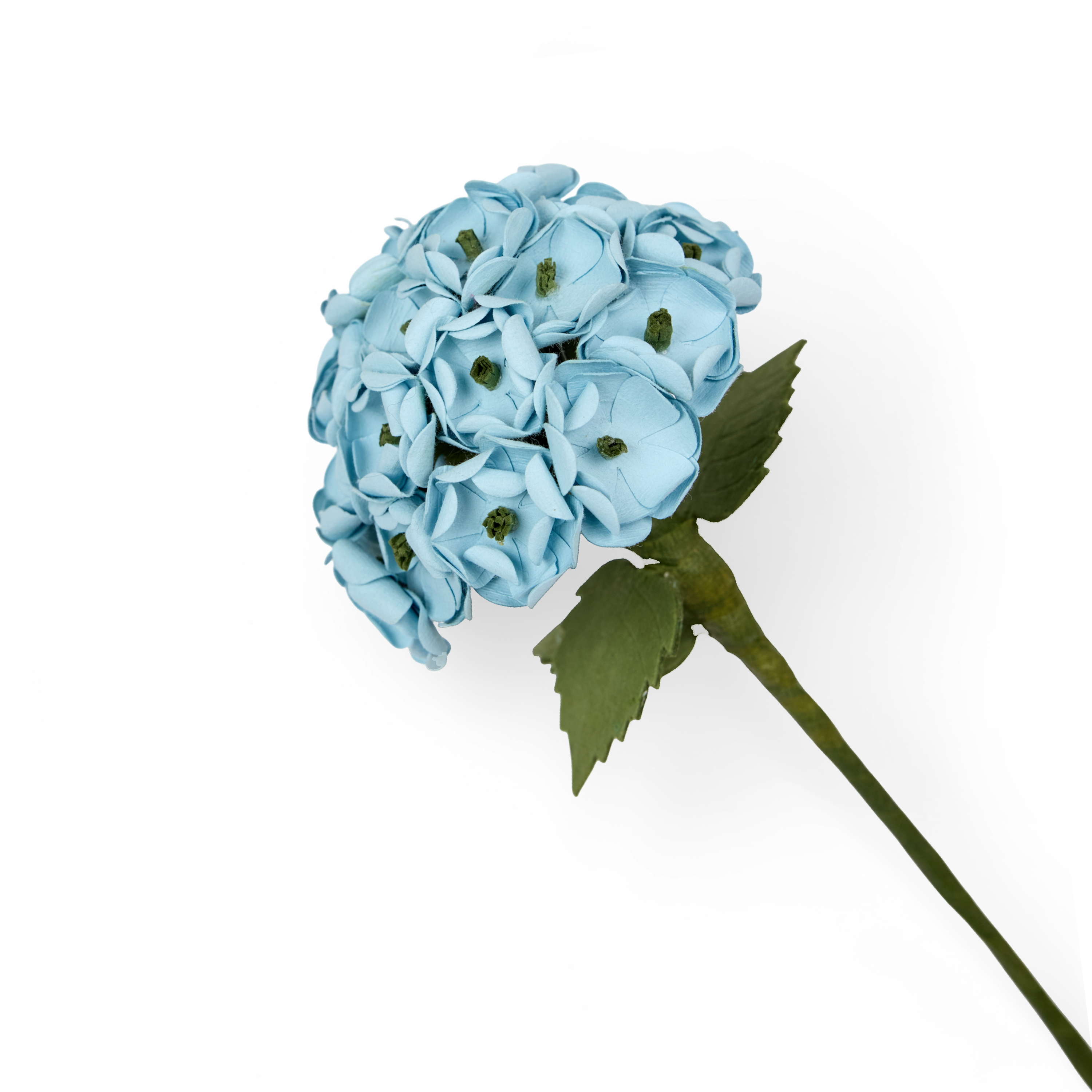 Handmade Paper Hydrangea – Soft Sky Blue Bloom Stem (Size: Approx. 2.5” x 9” | Recycled Cotton Paper)