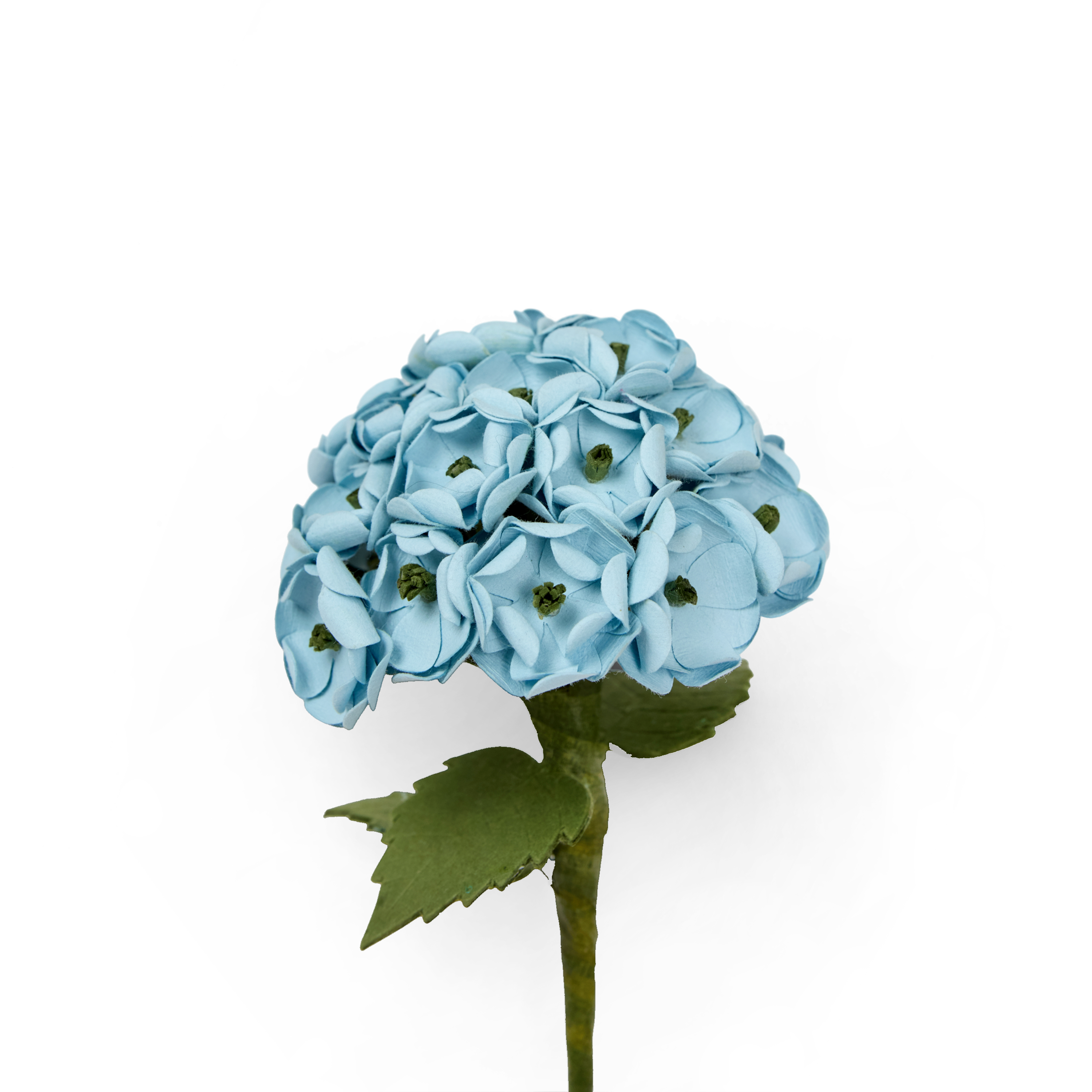 Handmade Paper Hydrangea – Soft Sky Blue Bloom Stem (Size: Approx. 2.5” x 9” | Recycled Cotton Paper)