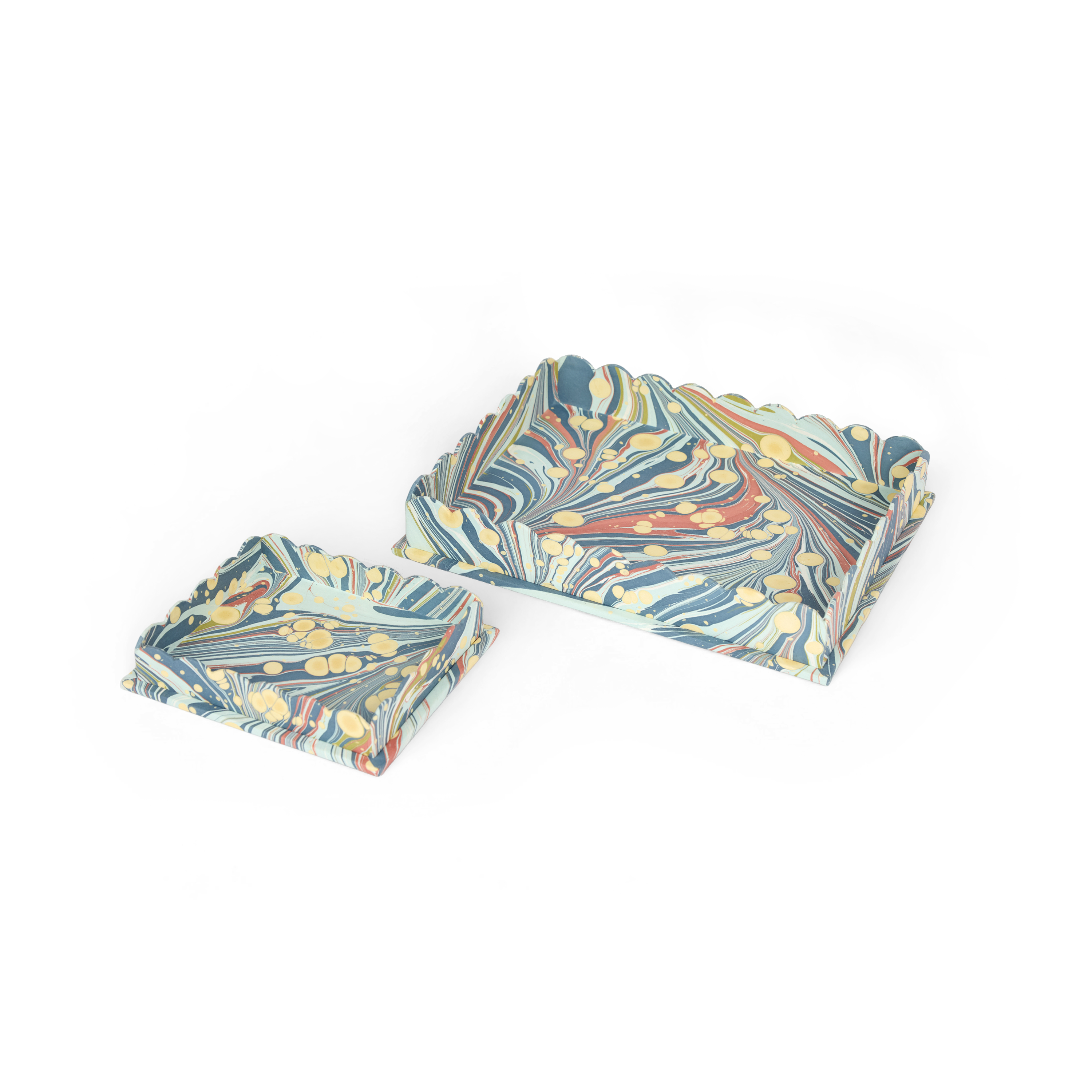Ocean Swirl – Hand Marbled Scalloped Tray (Set of 2) 12" x 9.5" x 1.5"