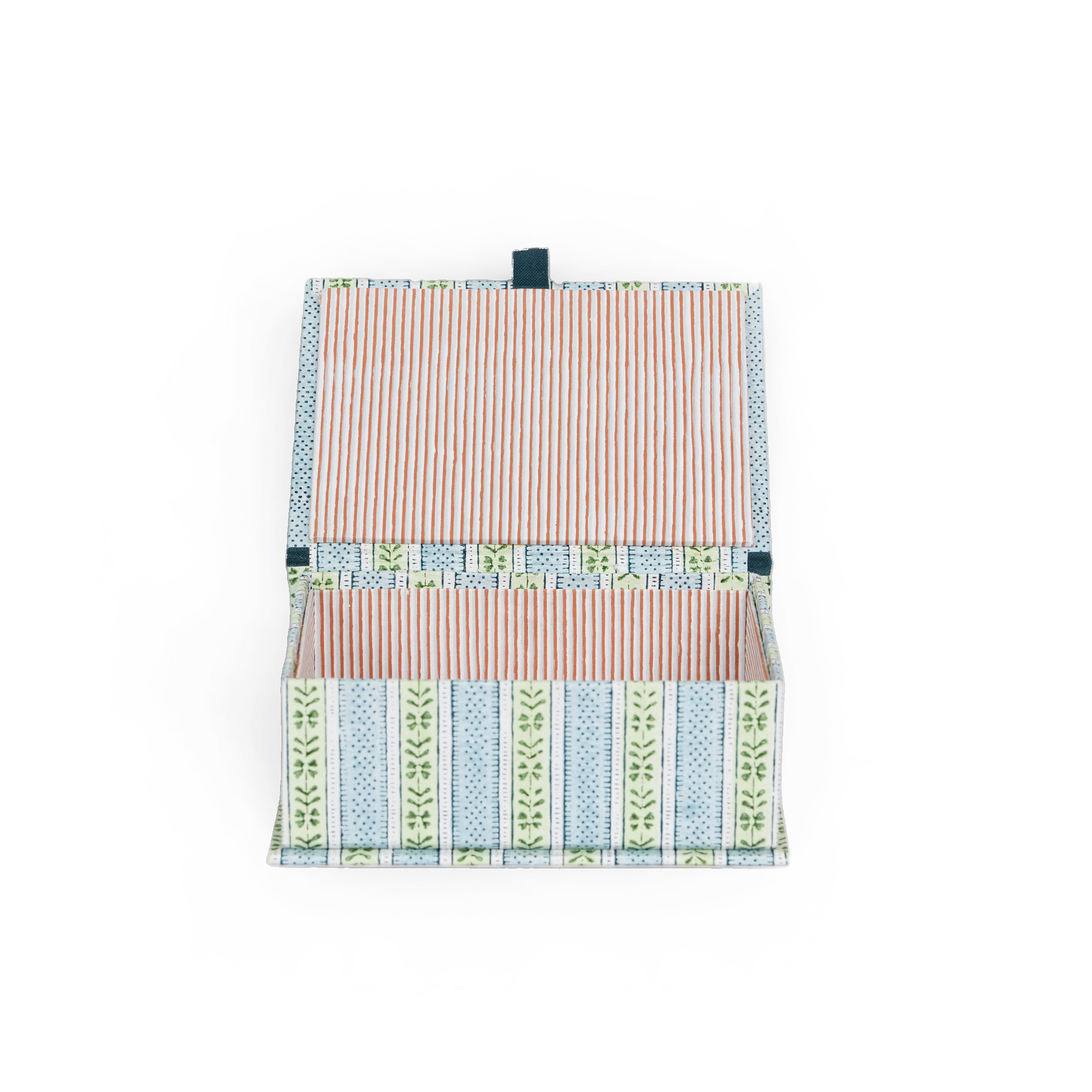 Sage Stripe Vine – Hand Block Printed Keepsake Box (6.75” x 5” x 2.75” | 100% Recycled Cotton Paper)