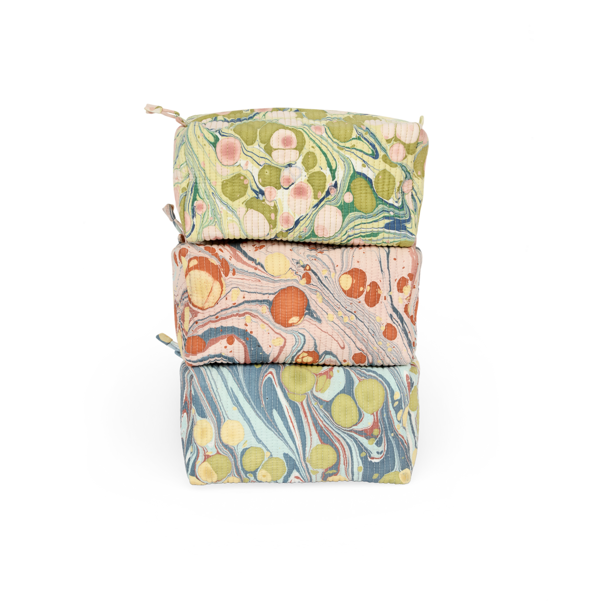 Meadow Stone – Hand Marbled Quilted Cotton Beauty Bag 8.5" × 4" × 3.5"