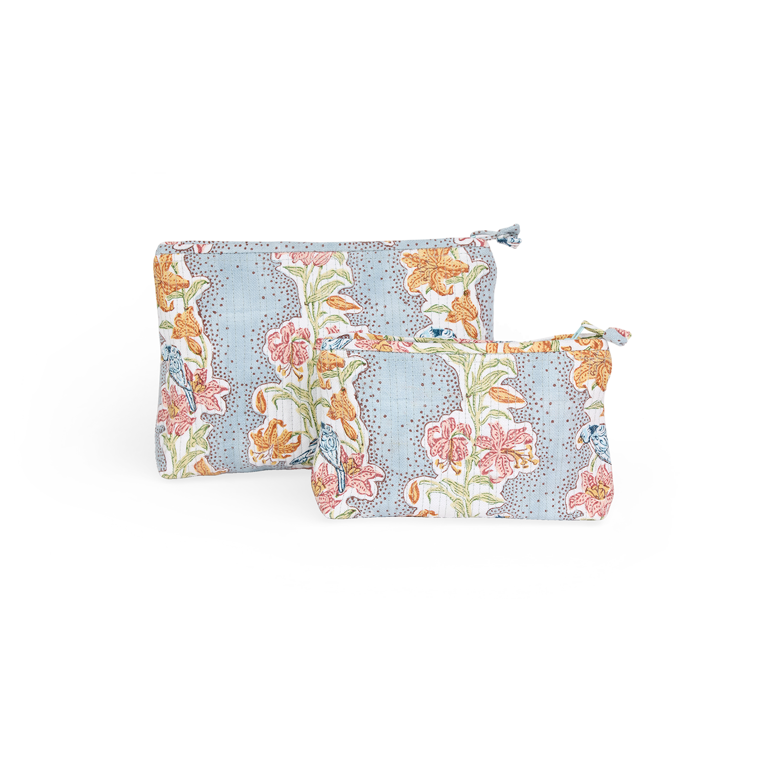 Sky Garden – Hand Block Printed Quilted Cotton Pouch (Small – 7.5" × 4.5" × 2")