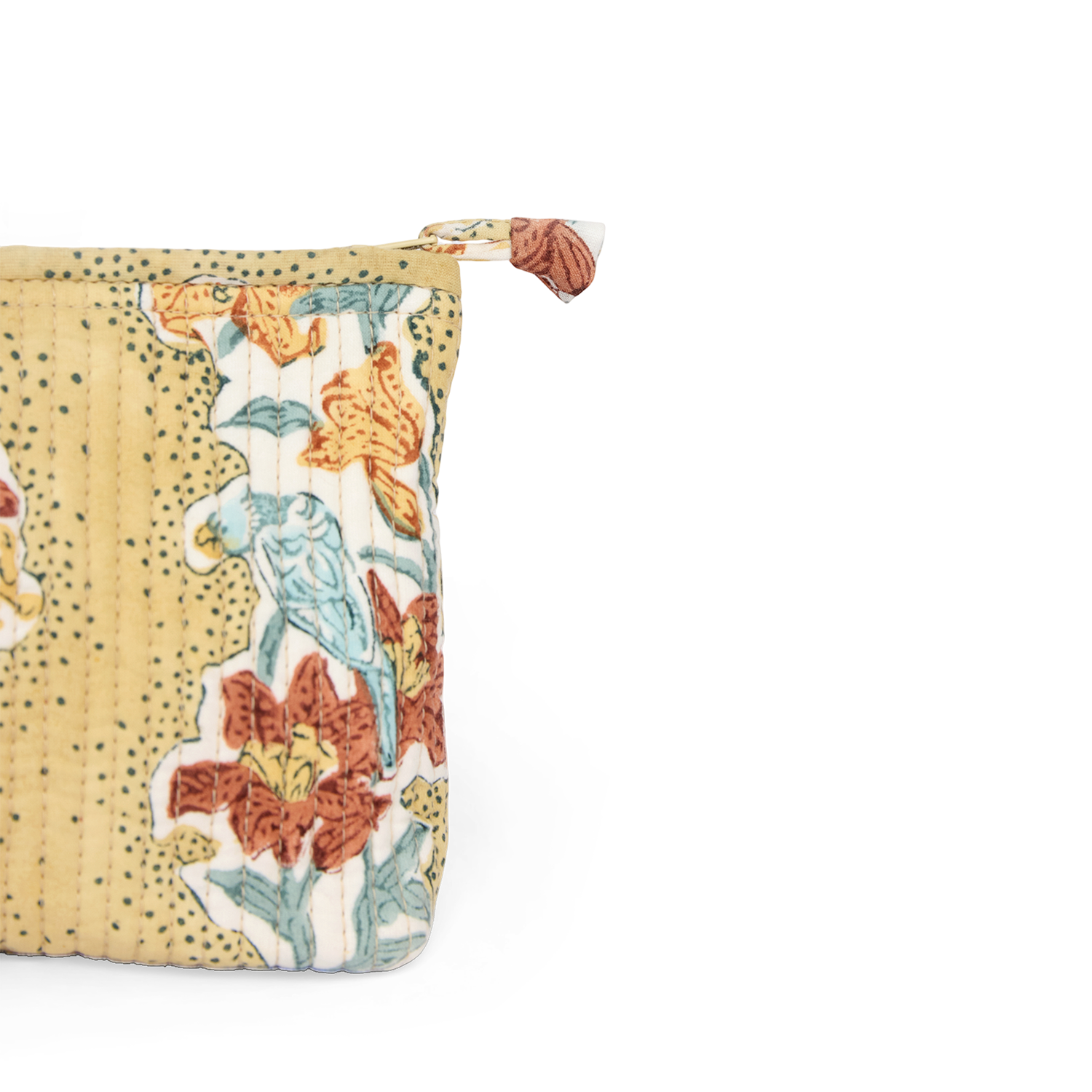 Amber Garden – Hand Block Printed Quilted Cotton Pouch (Small – 7.5" × 4.5" × 2")