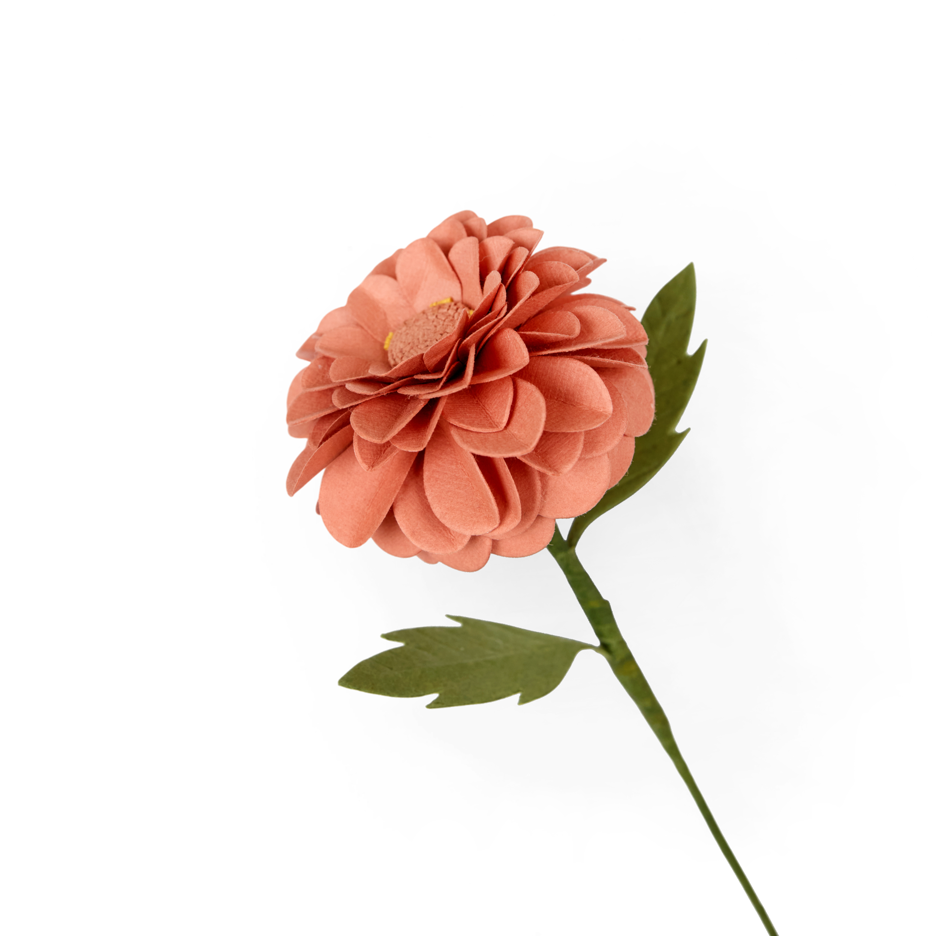 Handmade Paper Dahlia – Warm Coral Bloom Stem (Size: Approx. 2.5” x 9” | Recycled Cotton Paper)