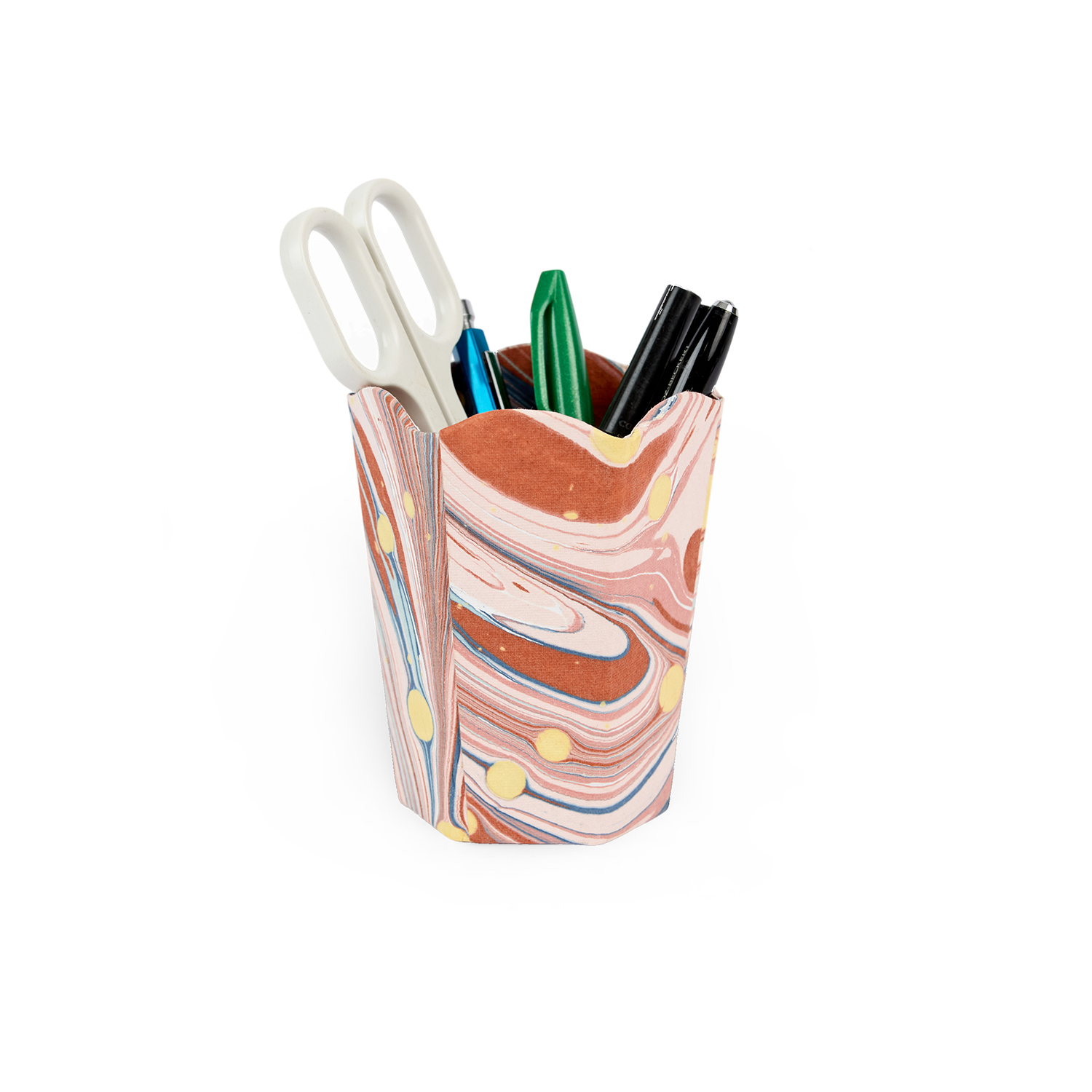 Sunset Swirl – Hand Marbled Scalloped Pen Pot (3.25" W x 3.25" D x 4.5" H )