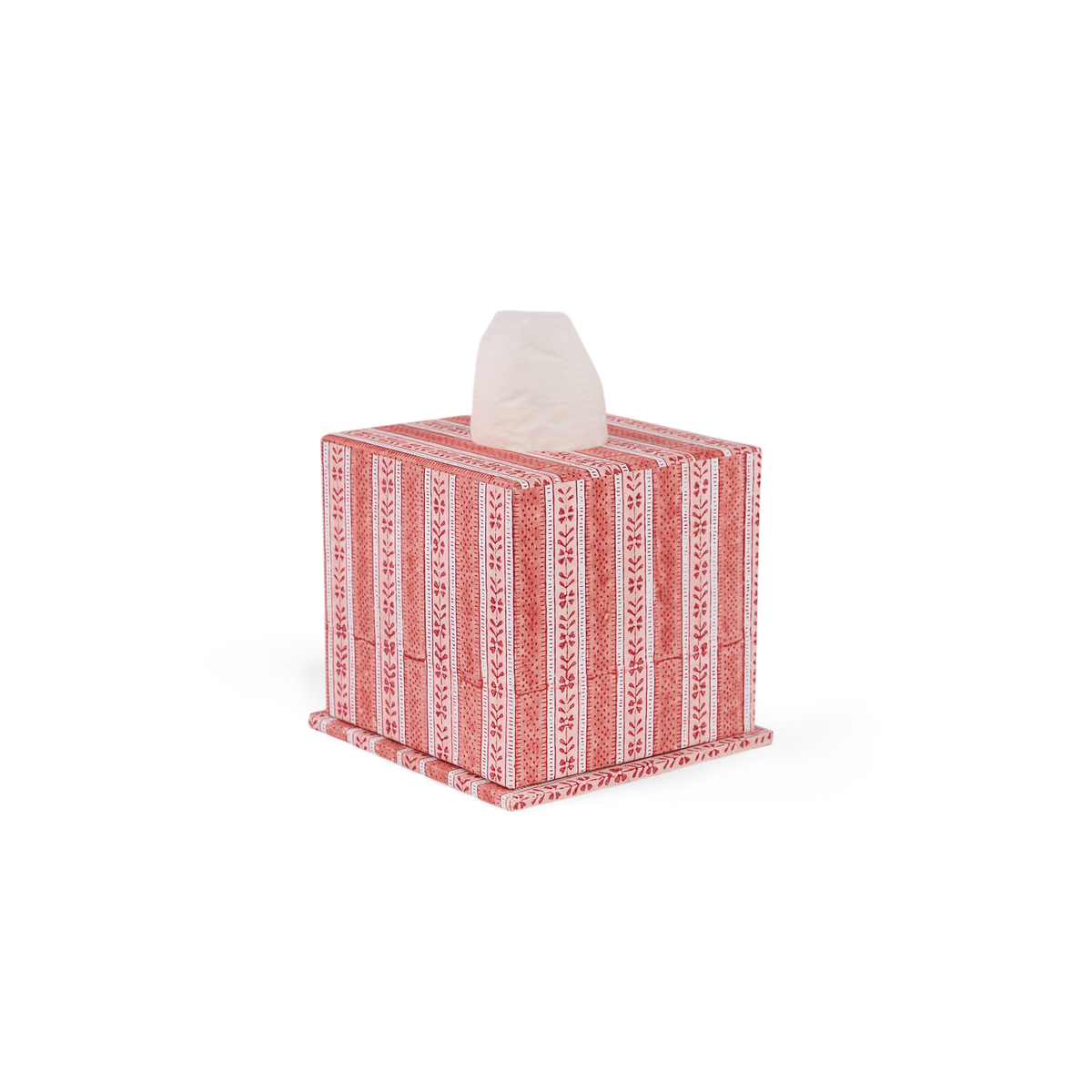 Garnet Red Floral Stripe – Hand Block Printed Tissue Box (5.25” H × 5” W × 5” D | 100% Recycled Cotton Paper)