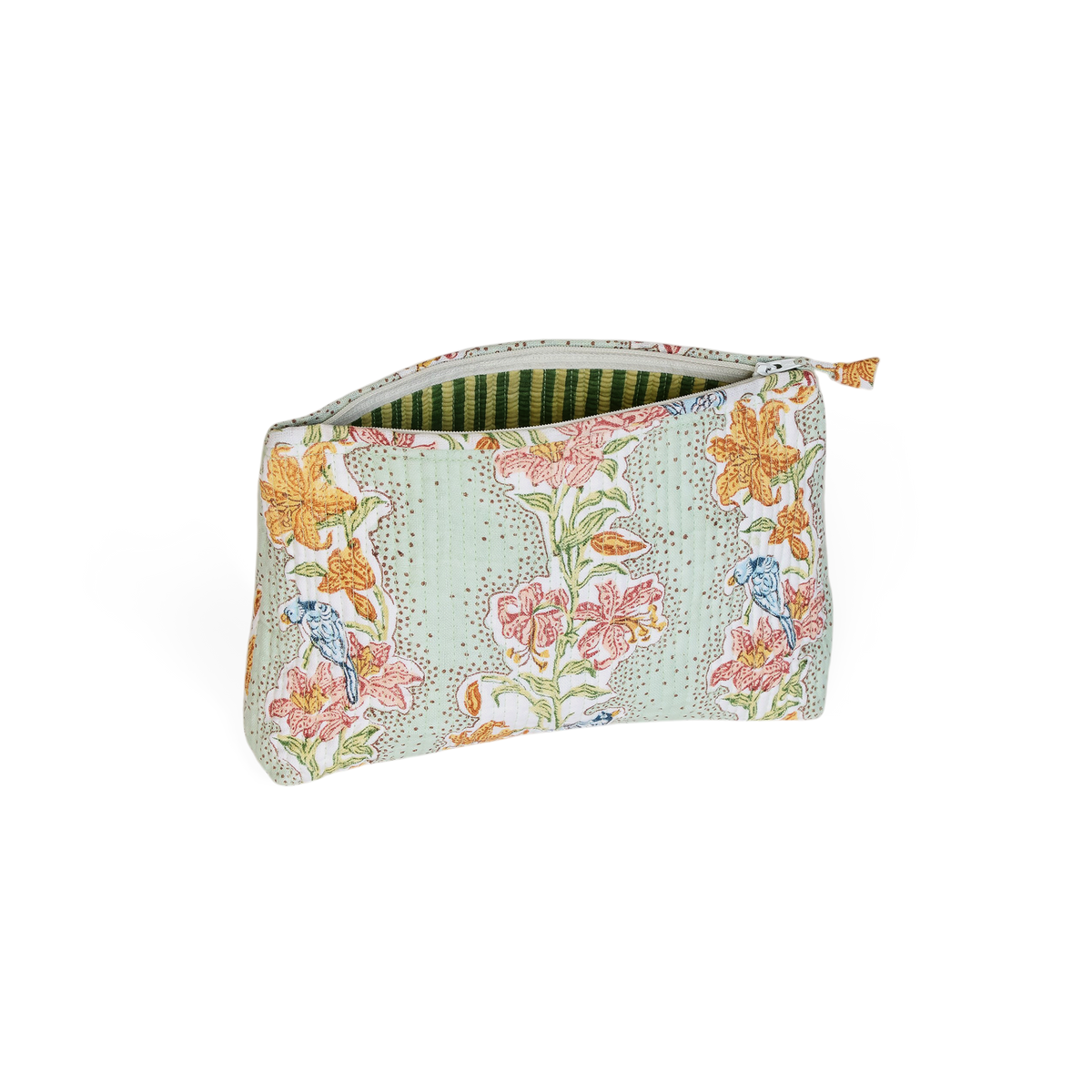 Parrot Garden – Hand Block Printed Quilted Cotton Pouch Large – 9.5" × 6.5" × 3"