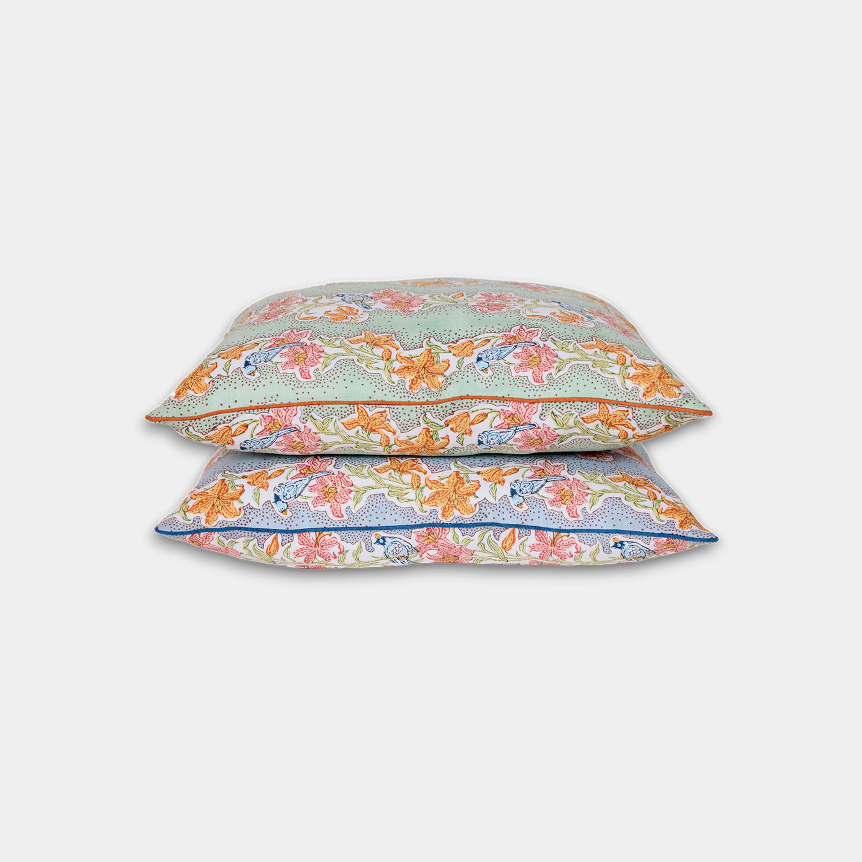 Parrot Garden – Hand Block Printed Linen Pillow Cover (20" x 20")
