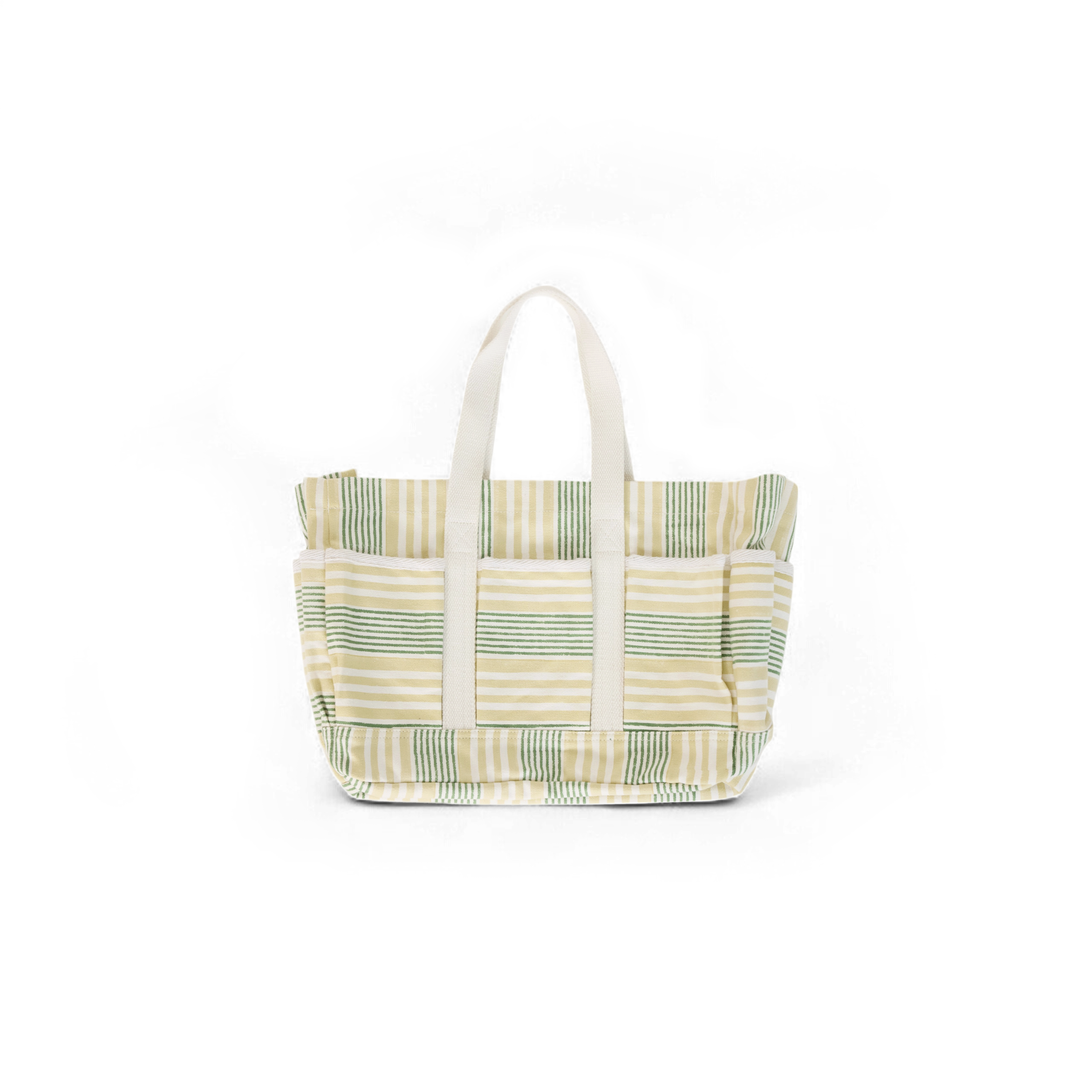 Meadow Stripe – Hand Block Printed Utility Tote in Green Butter (12” H x 16” W x 6” D | 100% Cotton Canvas)