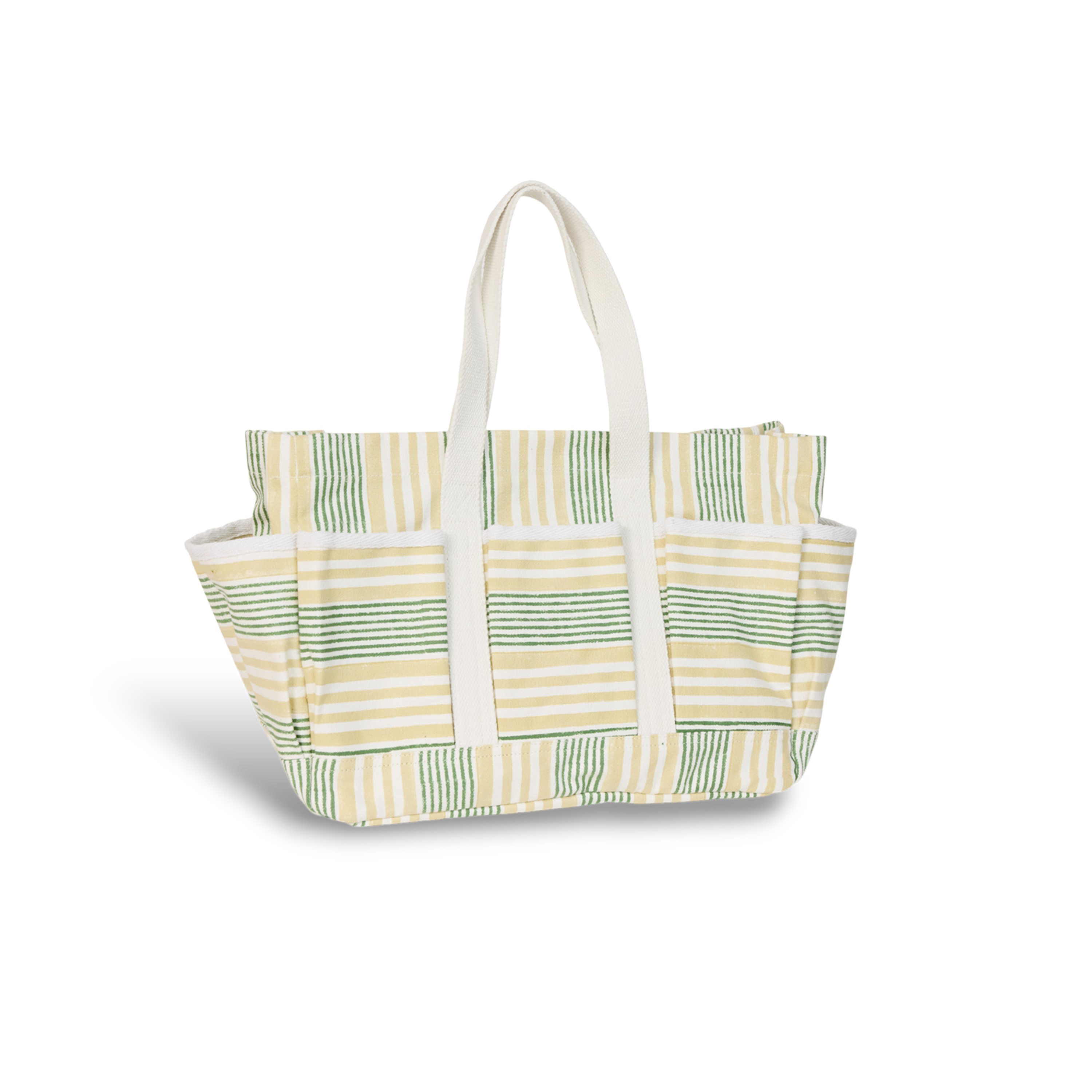 Meadow Stripe – Hand Block Printed Utility Tote in Green Butter (12” H x 16” W x 6” D | 100% Cotton Canvas)