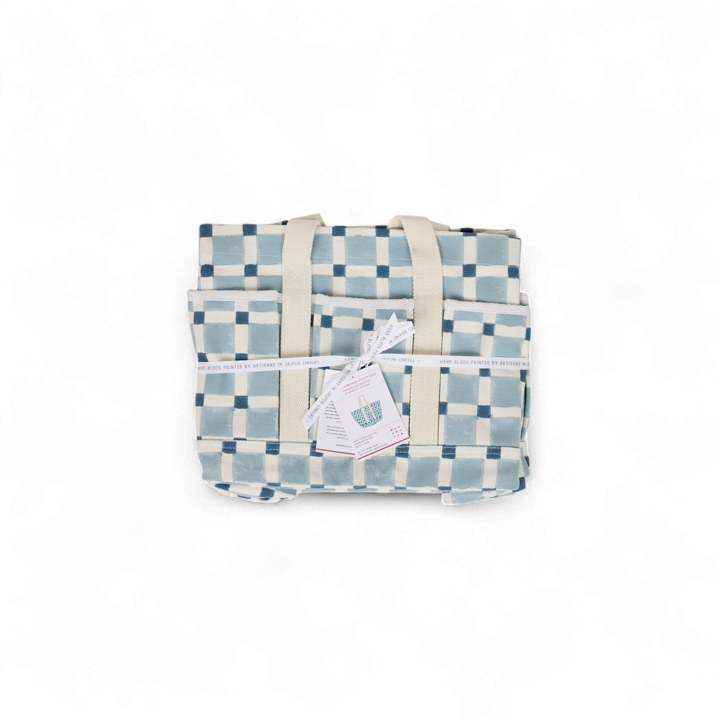 Nila Grid – Hand Block Printed Utility Tote in Sky & Navy (11” H x 12.5” W x 7” D | 100% Cotton Canvas)