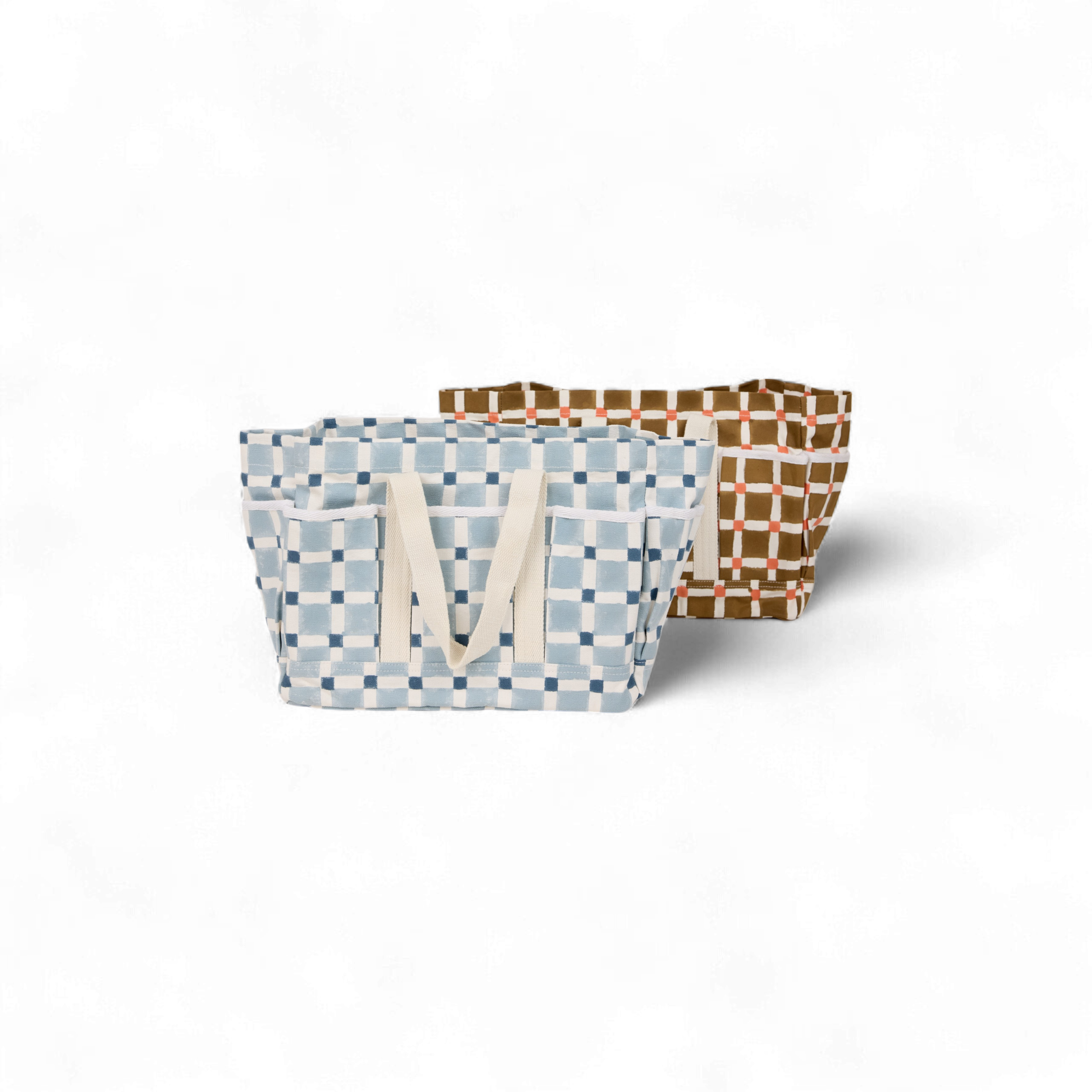Nila Grid – Hand Block Printed Utility Tote in Sky & Navy (11” H x 12.5” W x 7” D | 100% Cotton Canvas)