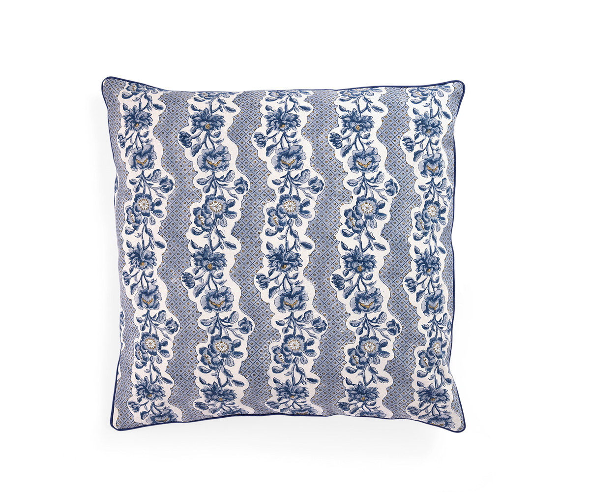 Harbor Blue Blooming Trellis – Hand Block Printed Cotton Pillow Cover (20" x 20")