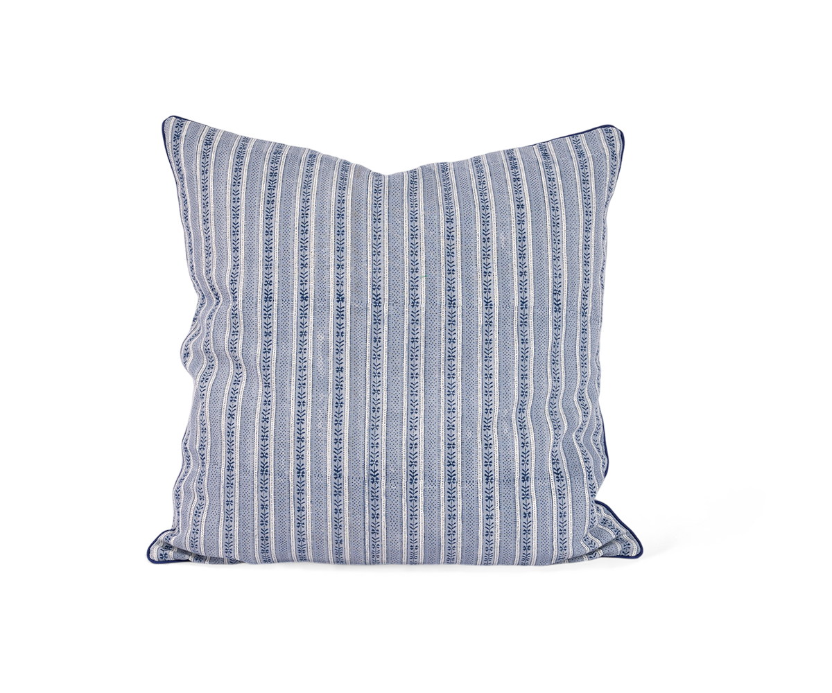 Harbor Blue Floral Stripe – Hand Block Printed Cotton Pillow Cover (20" x 20")