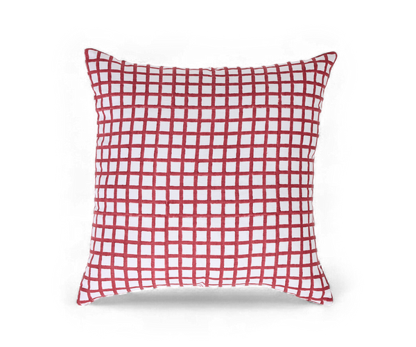 Scarlet Gridline – Hand Block Printed Linen Pillow Cover (20