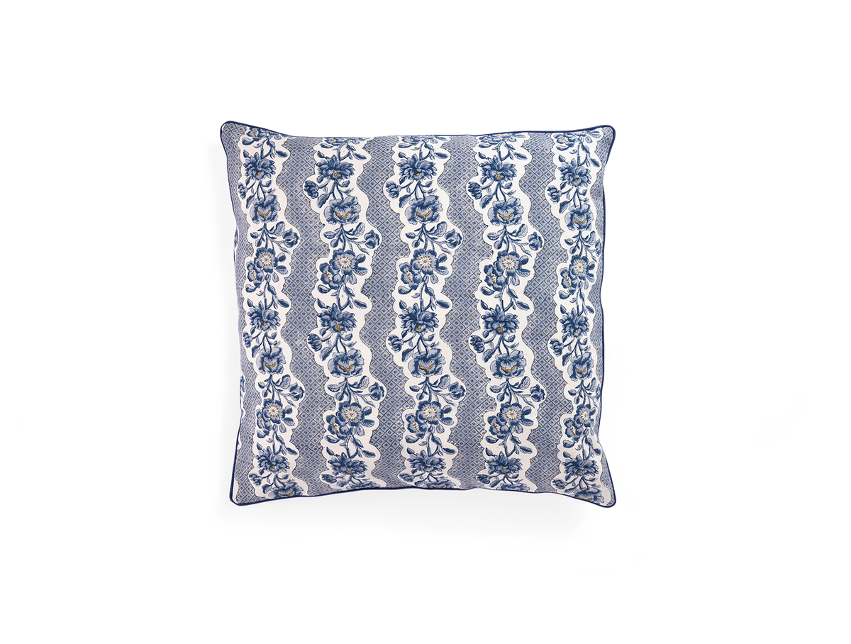 Harbor Blue Blooming Trellis – Hand Block Printed Cotton Pillow Cover (20" x 20")