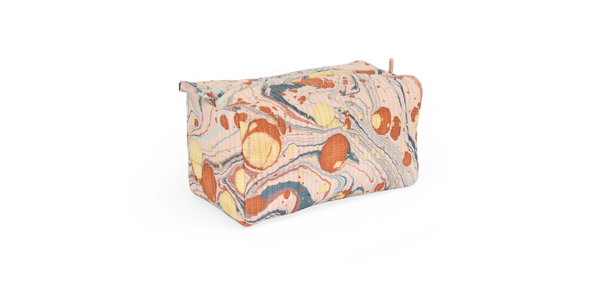Sunset Stone – Hand Marbled Quilted Cotton Beauty Bag 8.5" × 4" × 3.5"