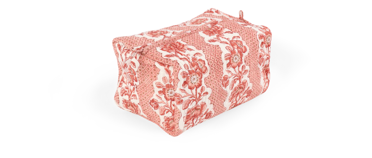 Garnet Red Blooming Trellis – Hand Block Printed Quilted Beauty Bag (Large - 9.5" x 5" x 4")