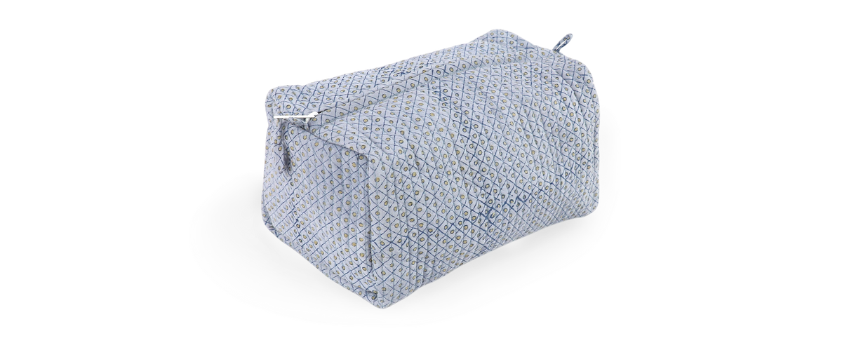 Harbor Blue Dot & Grid – Hand Block Printed Quilted Beauty Bag (Medium – 8.5" x 4" x 3.5")