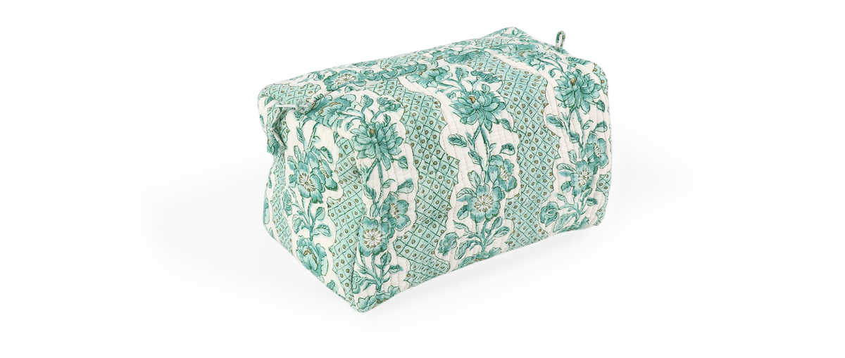 Celadon Green Blooming Trellis – Hand Block Printed Quilted Beauty Bag (Large - 9.5" x 5" x 4")