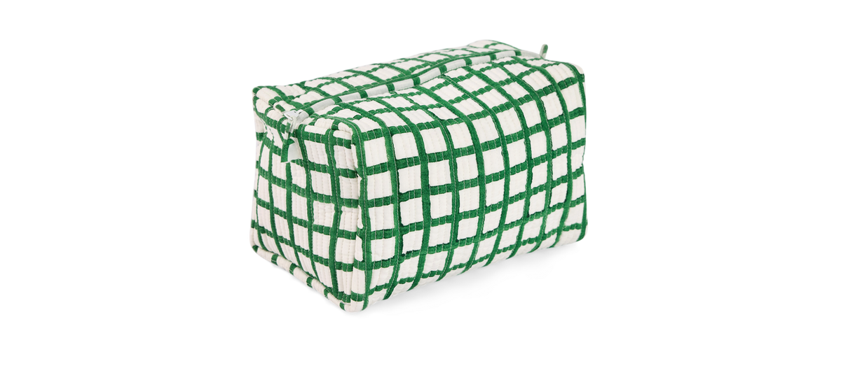 Celadon Green Graph Checks – Hand Block Printed Quilted Beauty Bag (Large – 9.5" x 5" x 4")