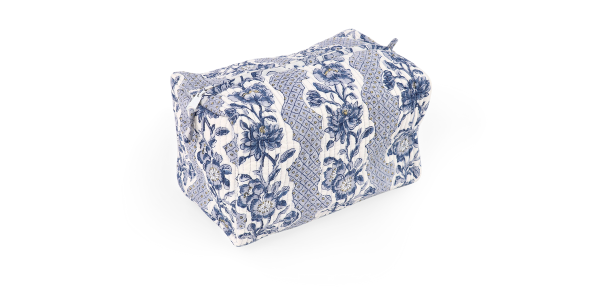 Harbor Blue Blooming Trellis – Hand Block Printed Quilted Beauty Bag (Large - 9.5" x 5" x 4")