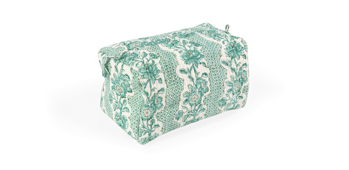 Celadon Green Blooming Trellis – Hand Block Printed Quilted Beauty Bag (Large - 9.5" x 5" x 4")
