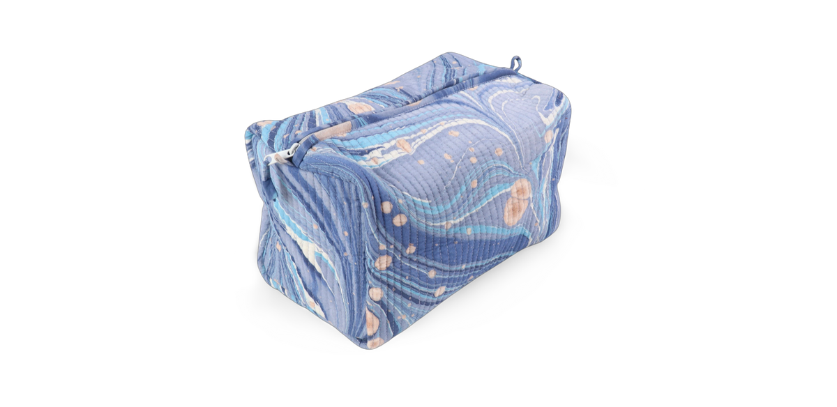 Harbor Blue Fire Whirl – Hand Marbled Quilted Beauty Bag (Large – 9.5" x 5" x 4")