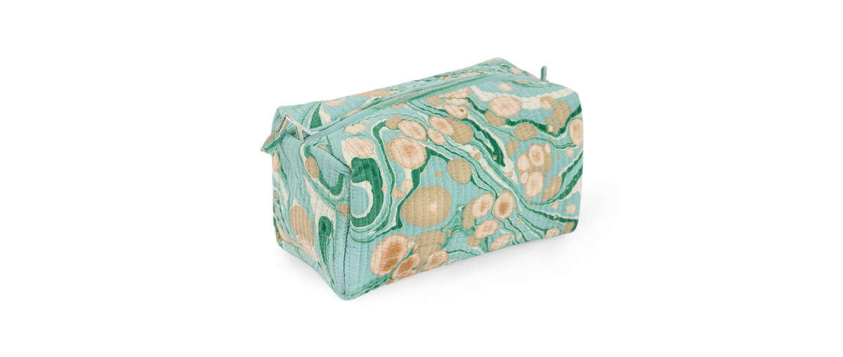 Celadon Green Pebble – Hand Marbled Quilted Beauty Bag (Medium – 8.5" x 4" x 3.5")