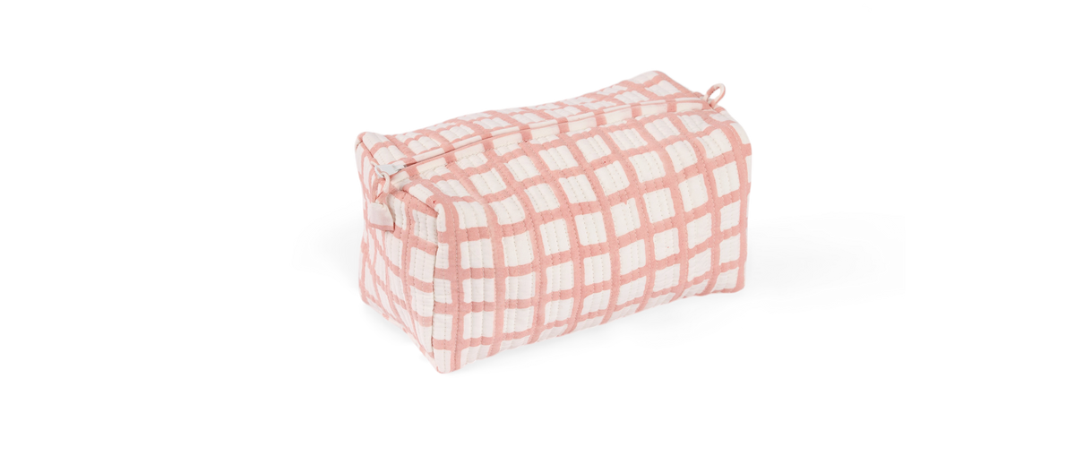 Pink Graph Checks – Hand Block Printed Quilted Beauty Bag (Medium – 8.5" x 4" x 3.5")