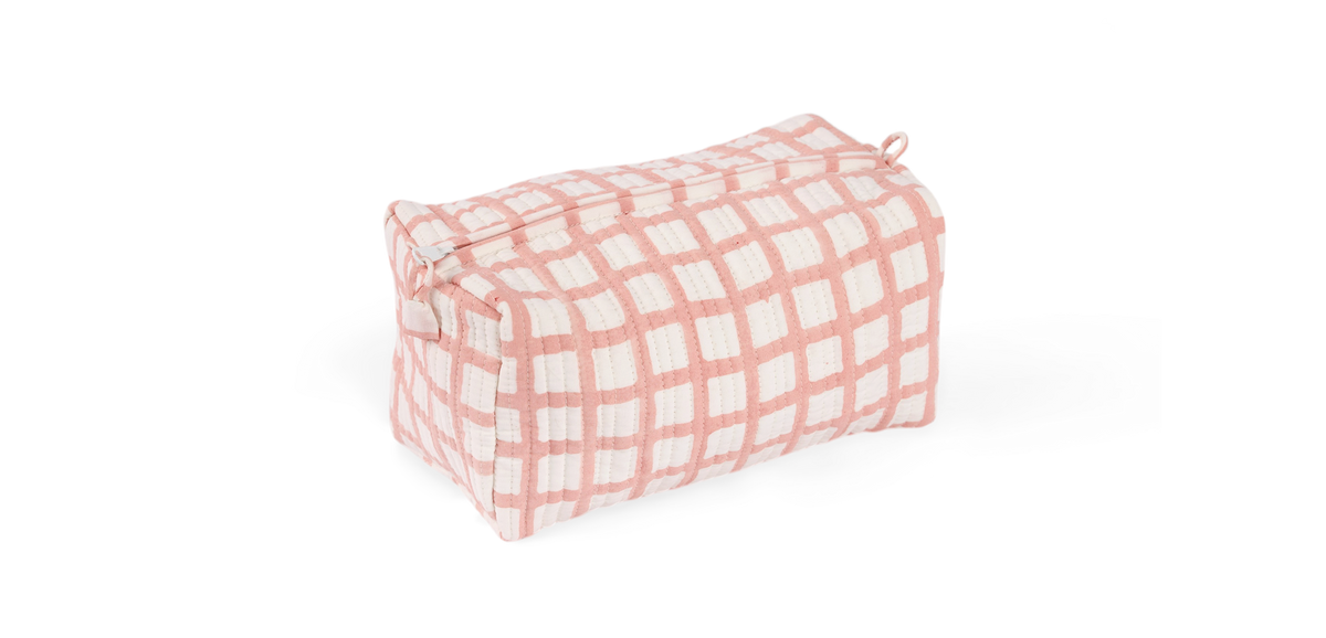 Pink Graph Checks – Hand Block Printed Quilted Beauty Bag (Medium – 8.5" x 4" x 3.5")