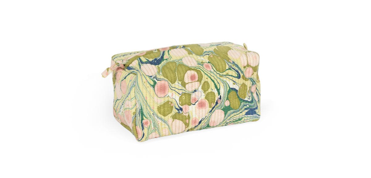 Meadow Stone – Hand Marbled Quilted Cotton Beauty Bag 8.5" × 4" × 3.5"
