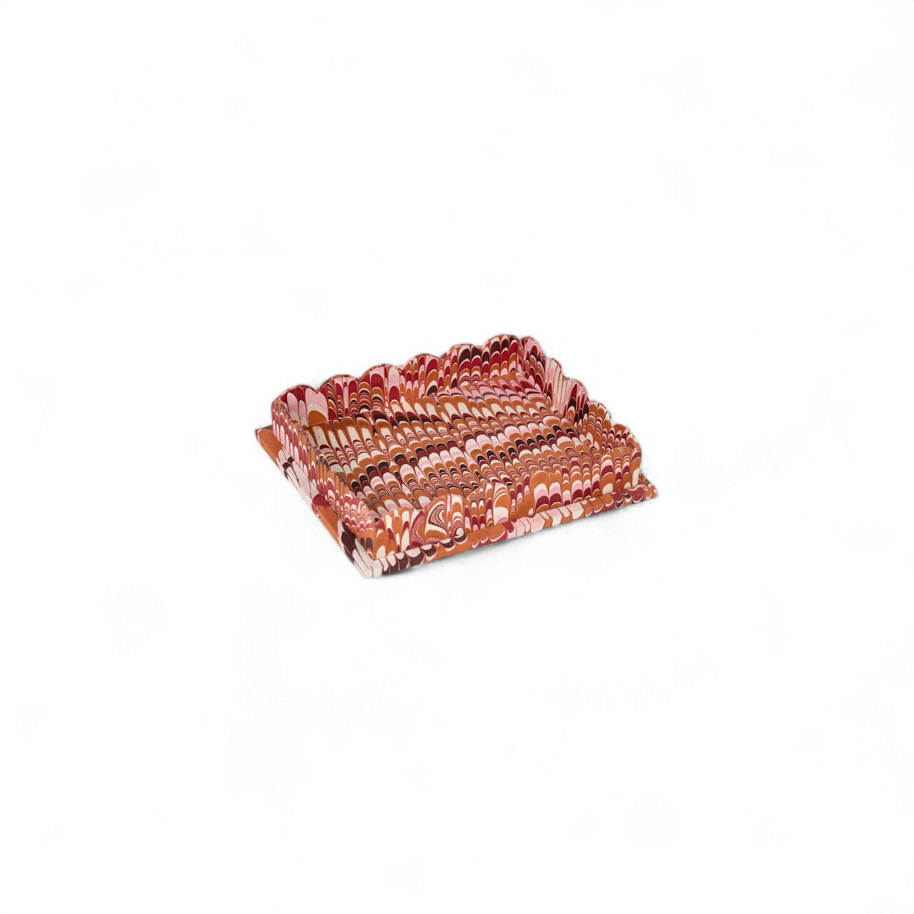 Terra Wave – Hand Marbled Scalloped Tray in Brick Red (Set of 2) (12" x 9.5" x 1.5")